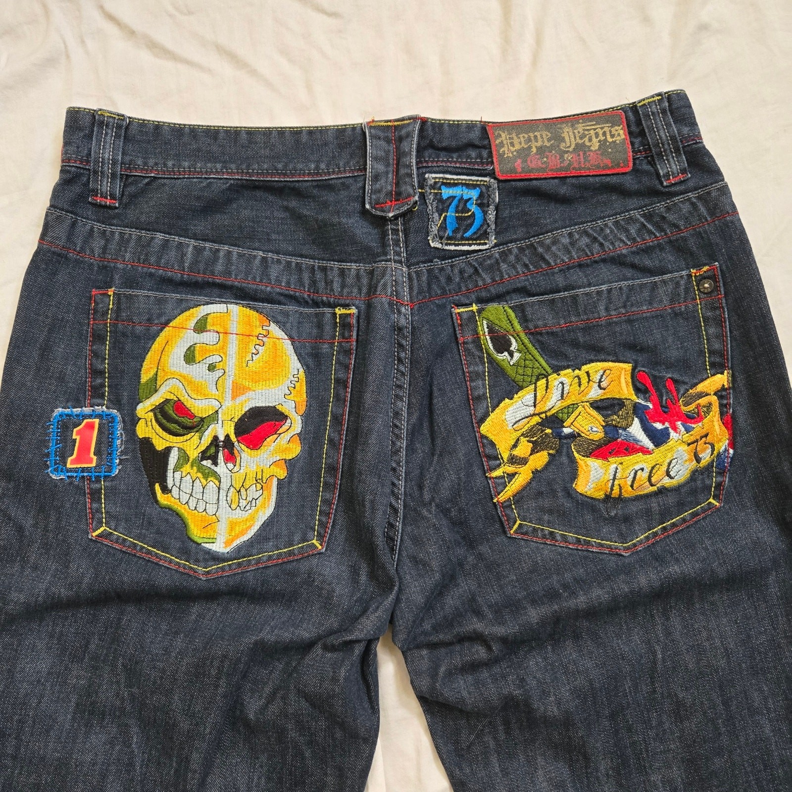 Vtg Pepe Jeans Mens Size 36x33 HTF Skull Live Free Dark Wash Y2K Hip-Hop