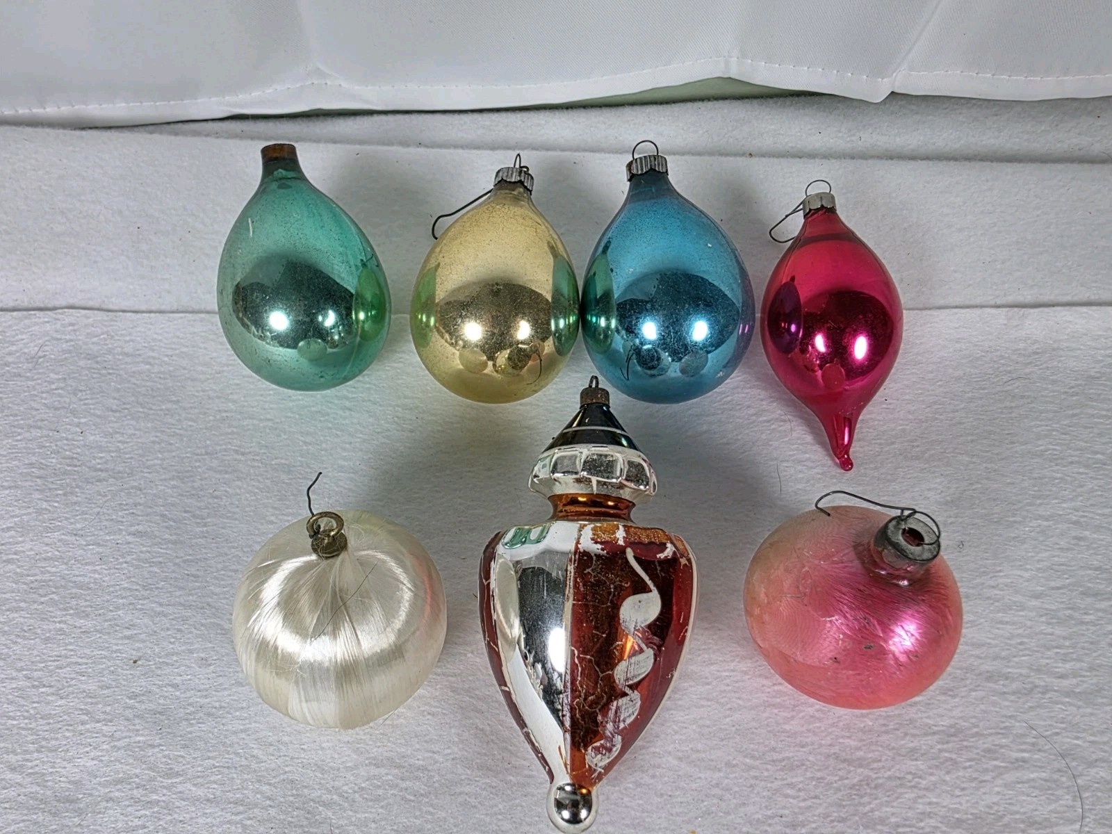 7 Vintage Shiny Brite Glass Christmas Ornaments Variety Lot Teardrop Finial 