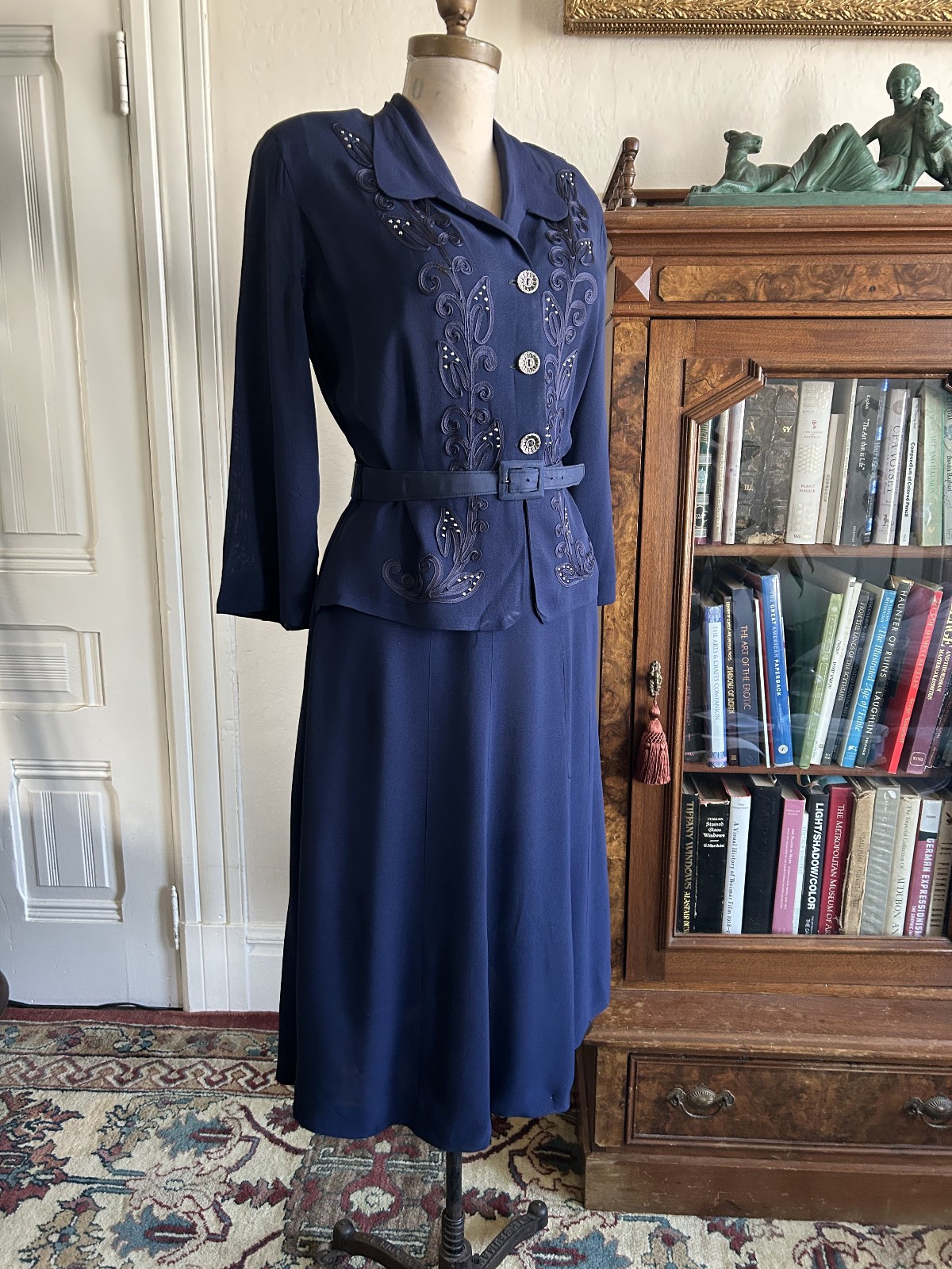 Vintage 1940s Navy Blue Faux Suit Dress Embroidered Studded Peplum Belt M 33W Vintage 1940s Navy Blue Faux Suit Dress Embroidered Studded Peplum Belt M 33W