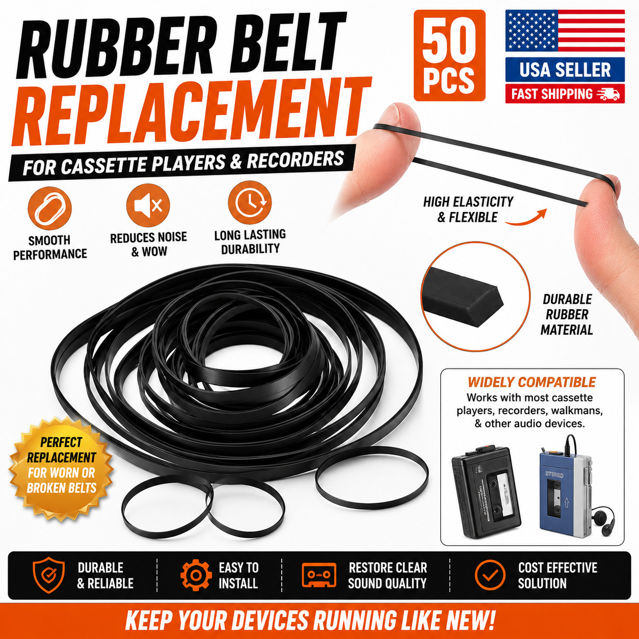 50 Pcs Rubber Tape Recorder Belt Cassette Player Drive Belts Replacement USA