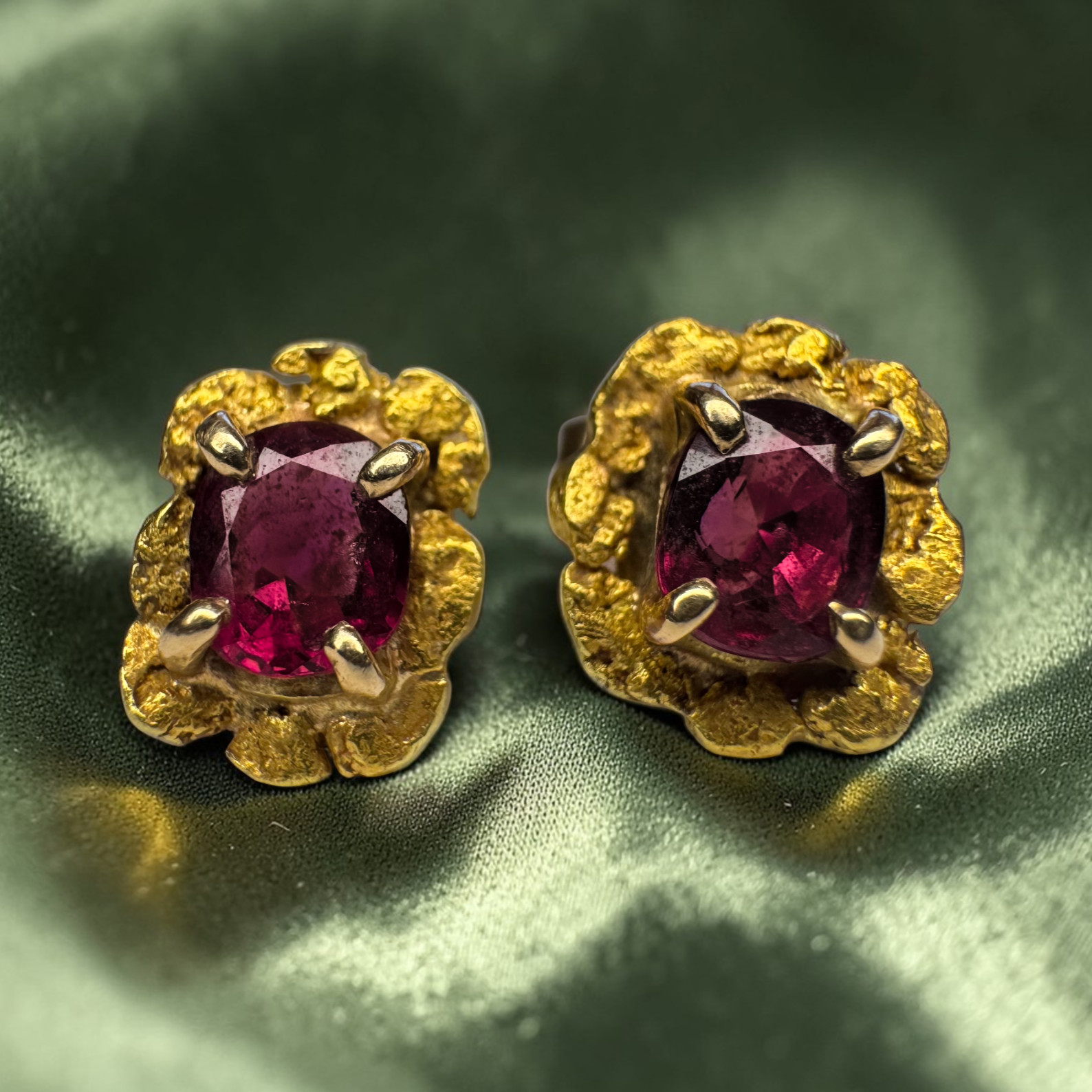 ANTIQUE 14K Gold Ruby Earrings Gold Nugget Earrings 22K Alaskan Gold Nugget