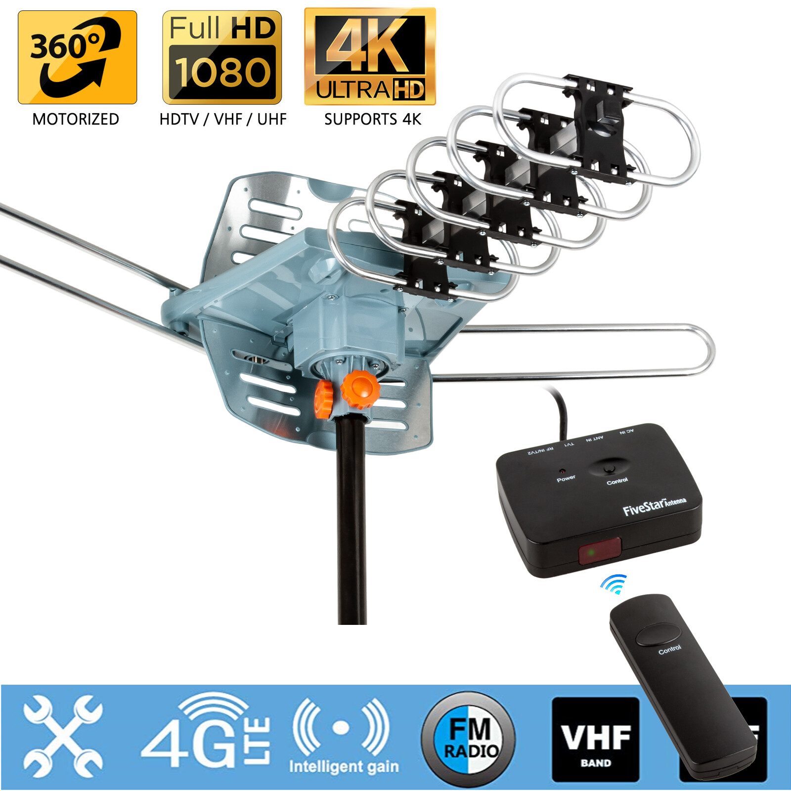 150Mile Outdoor TV Antenna Motorized Amplified HD TV 1080P VHF/UHF 360° Rotation
