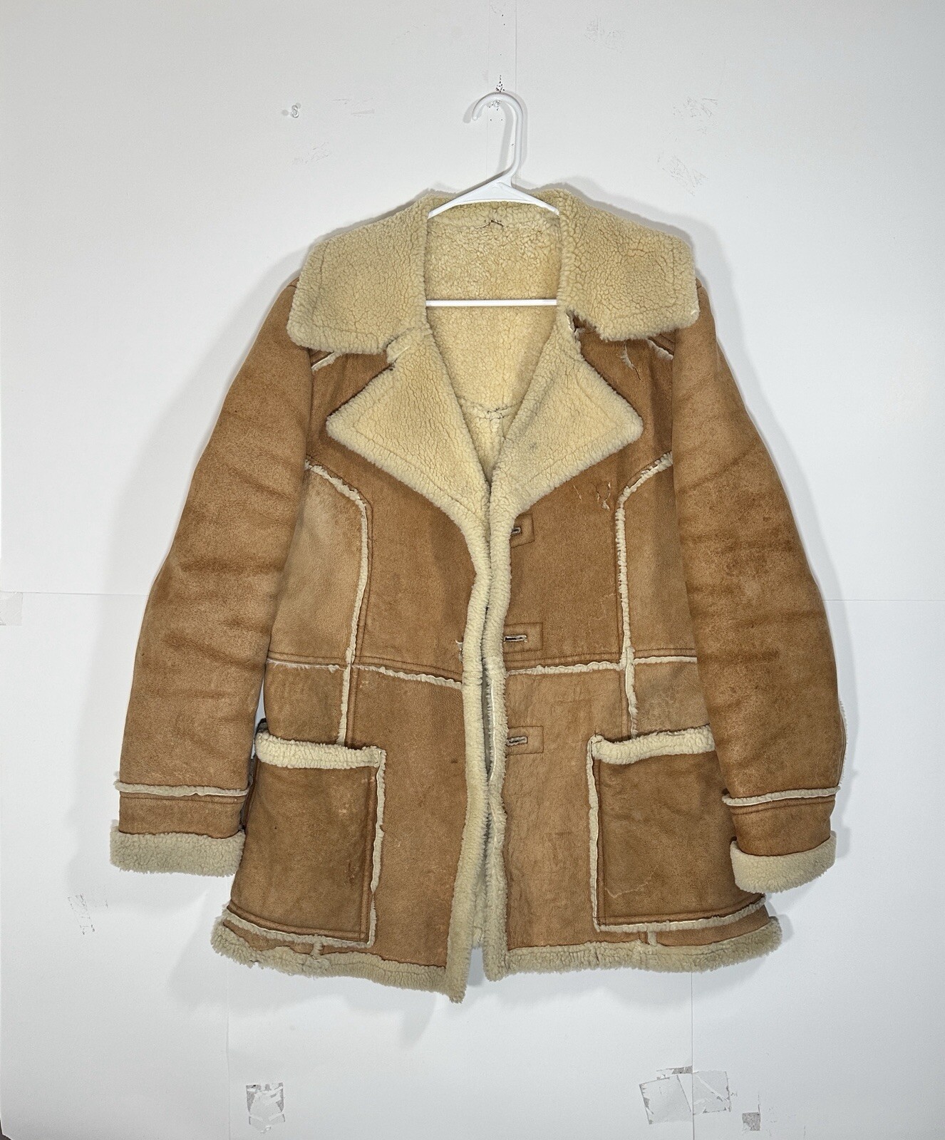 VTG MAKRAY Mens Sheepskin Wool Shearling Coat Sz 42 Tan Ranch Western Suede RARE