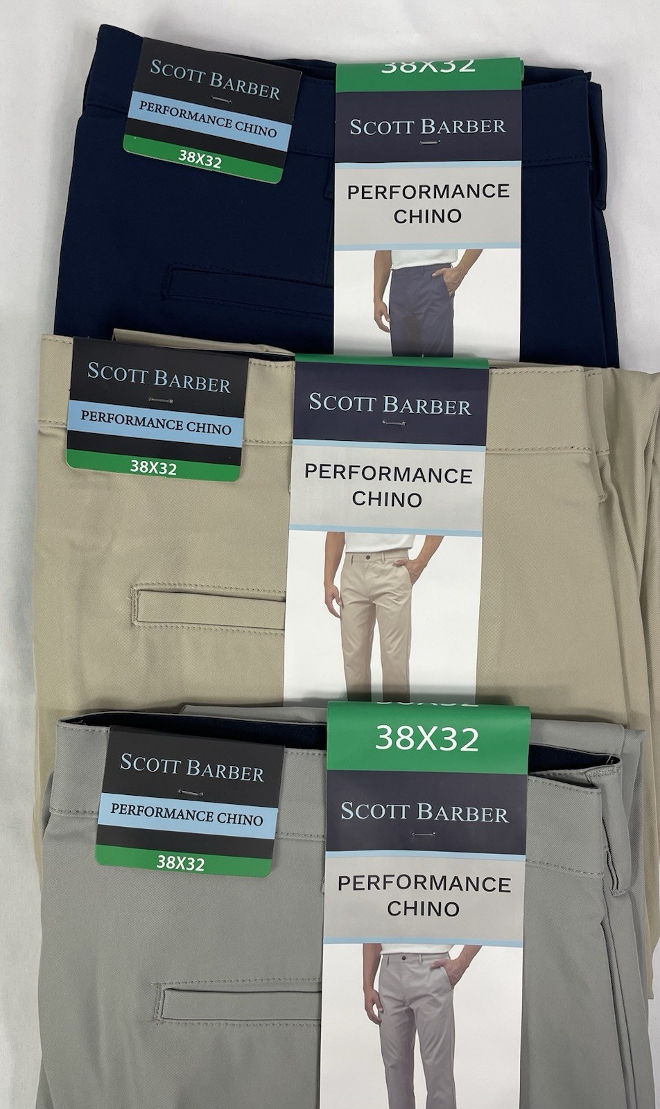 SCOTT BARBER Men\'s 38x32 Lot of 3 Performance Chino Pants Blue, Tan & Gray NWT