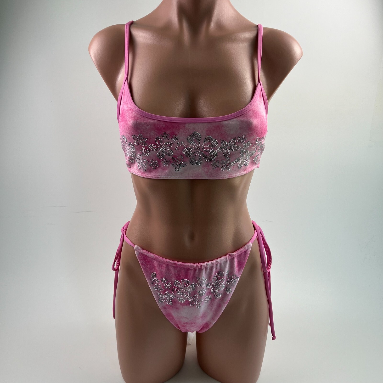 Frankies Bikinis Rhinestone Top & Side Tied Bottom Set  Pink Size L  NWT