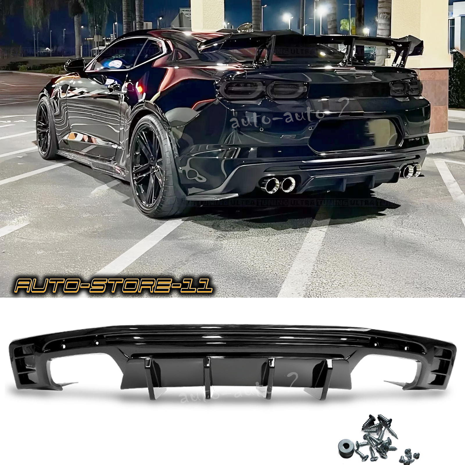 For 16-24 Chevy Camaro Glossy Black Rear Bumper Diffuser Lip Dual / Quad Exhaust For 16-24 Chevy Camaro Glossy Black Rear Bumper Diffuser Lip Dual / Quad Exhaust