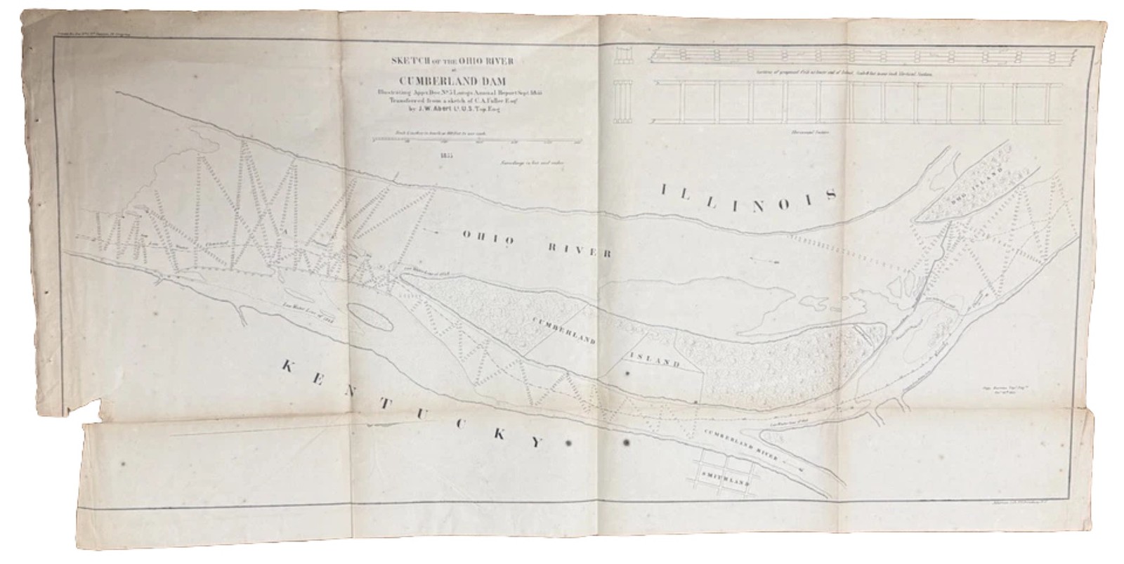 1855 ORIGINAL CUMBERLAND DAM OHIO RIVER SURVEY MAP - ILLINOIS, KENTUCKY
