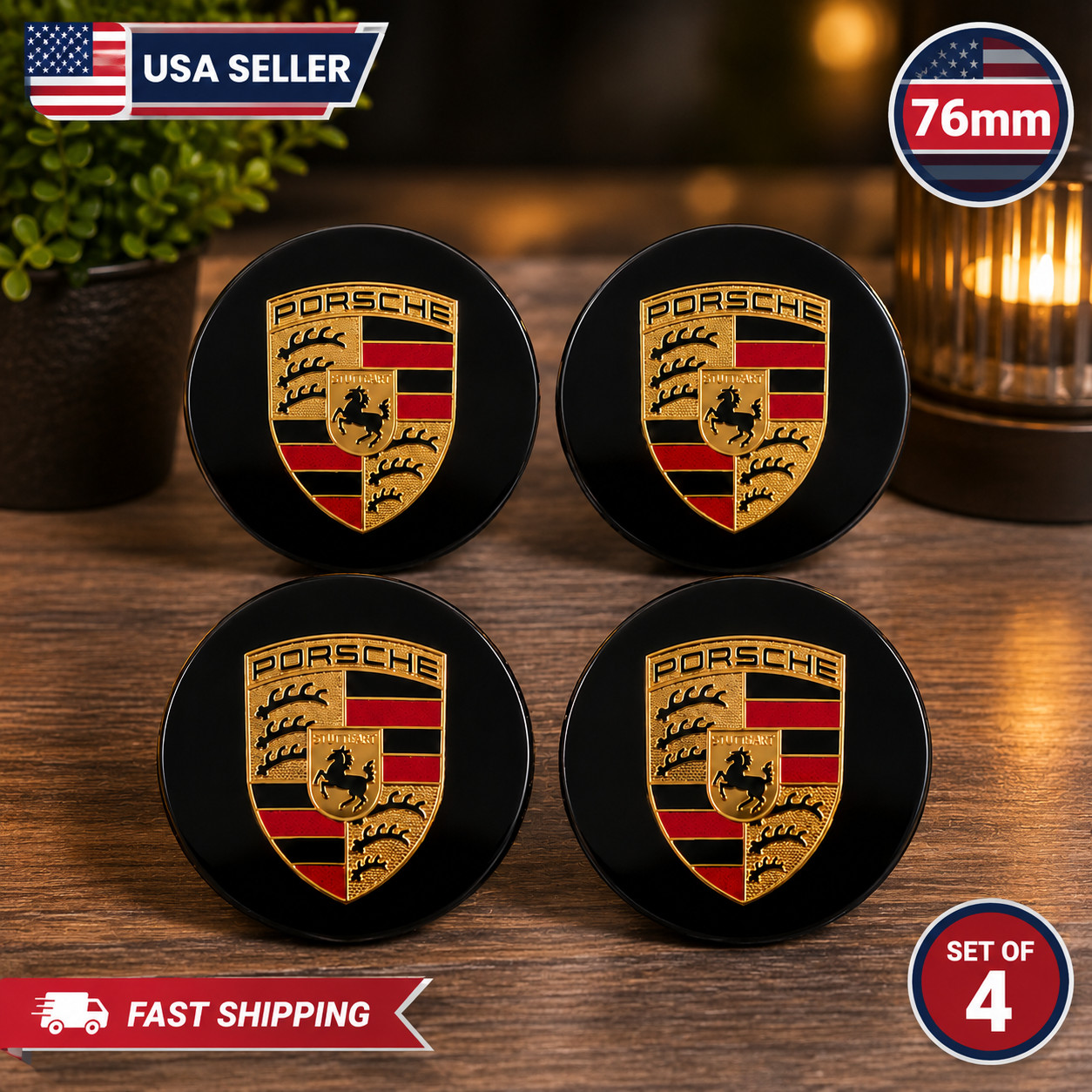 4x 76mm Porsche Wheel Center Caps Gloss Black Concave Hub Caps 911 Macan Cayenne