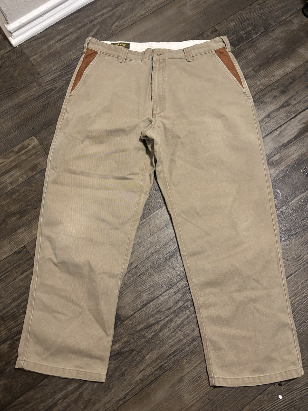 Orvis Zambezi Twill Safari Pants Mens 36x30 Faux Leather Trim Beige Khakis