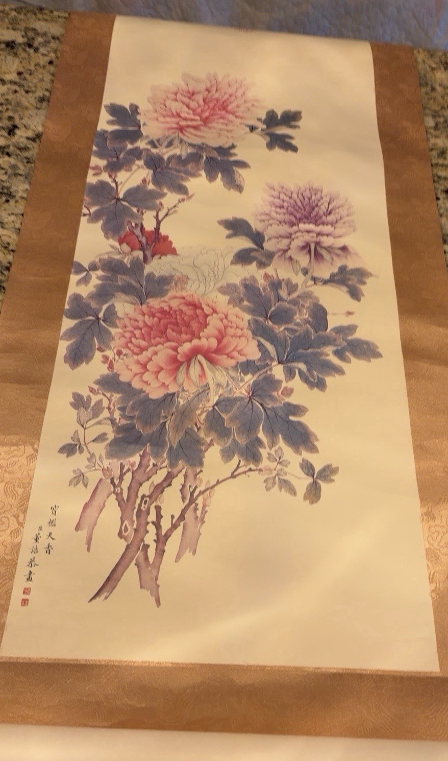 Vintage Chinese Hanging Scroll Peony Painting Gold Brocade Wall Art 19x89 Inches