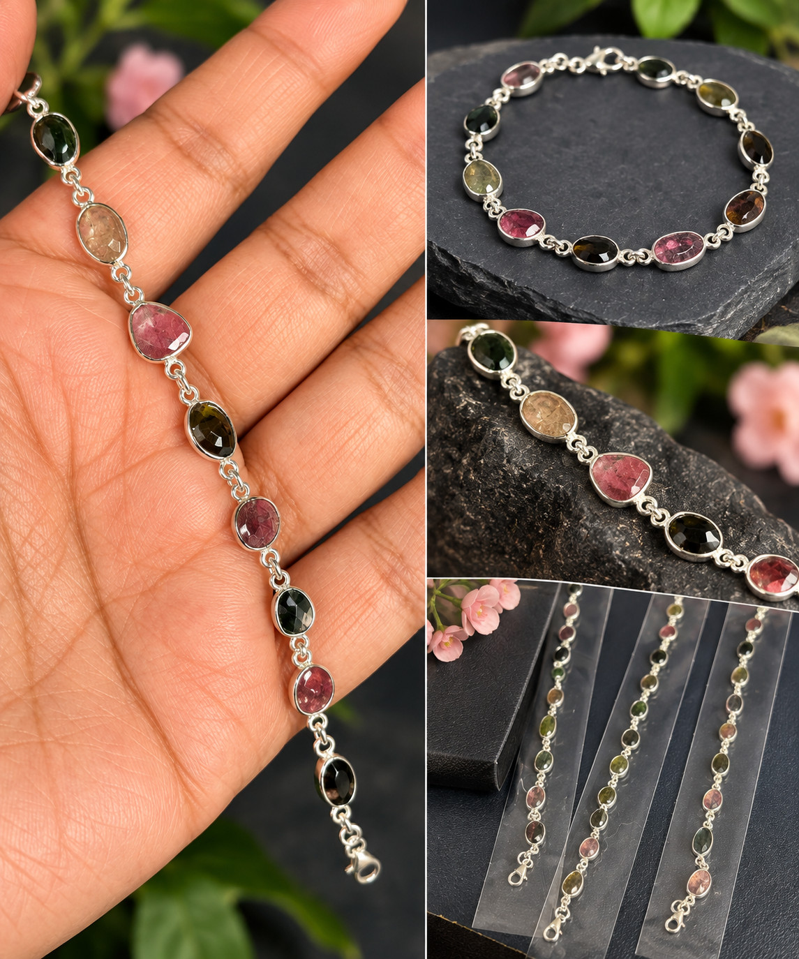 6 to 9 Inches .925 Sterling Silver Watermelon Tourmaline Bracelet