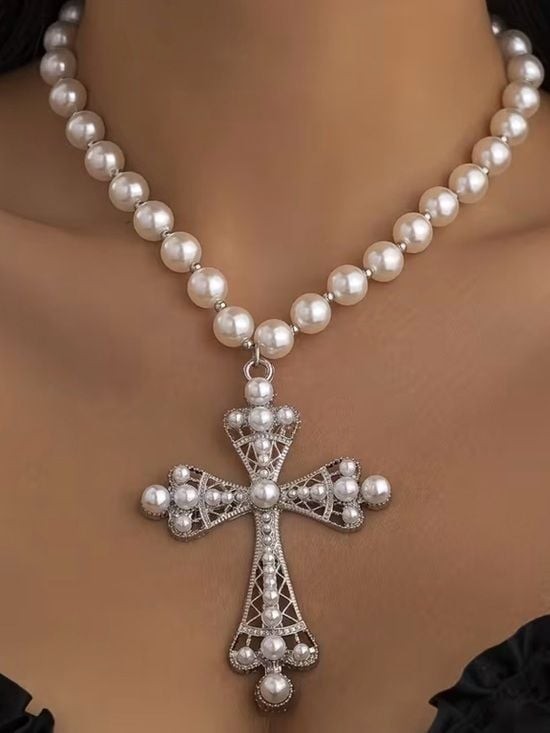 Statement Pearl Cross Pendant Necklace - Elegant White Pearls