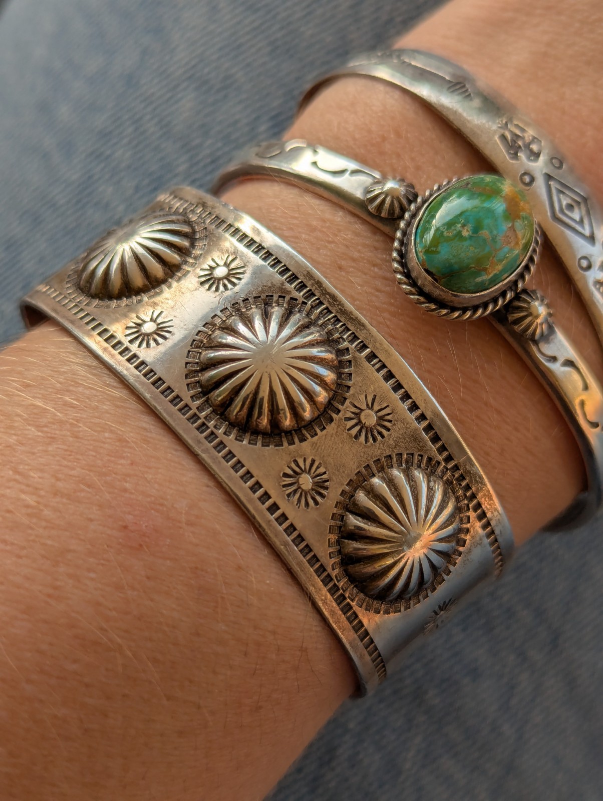 Early Ingot Silver Native Navajo Stamped Cuff Antique Vintage Starburst Concho 6