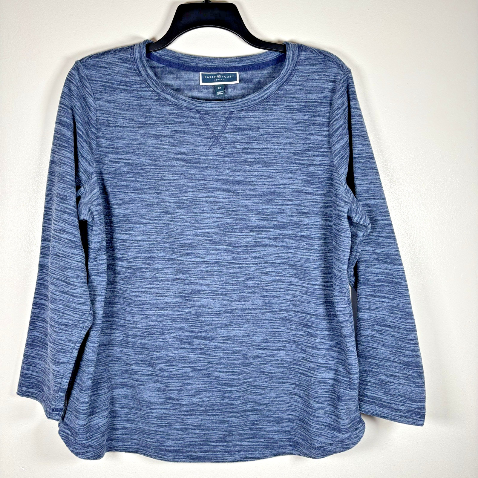 Karen Scott Top Women\'s 0X Plus Blue Space-Dye Fleece Casual Comfy Cozy Lounge