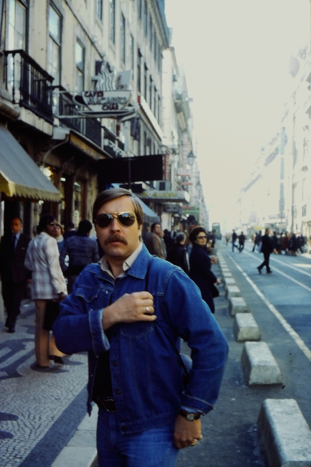 c1970's Kodachrome 35mm Slide, Man in Denim Jacket, Lisbon Street Cobblestone