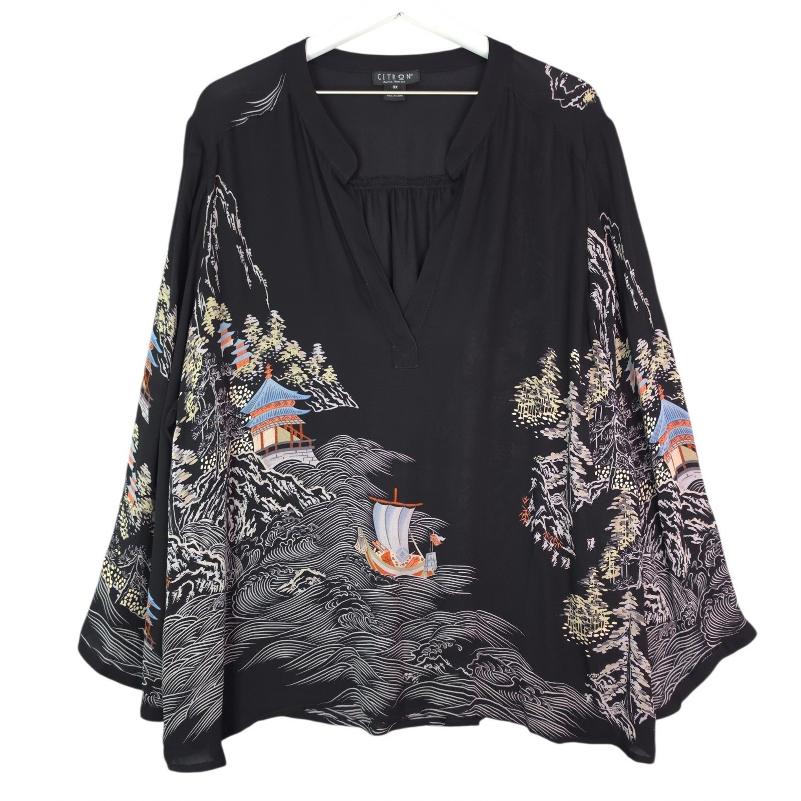 Citron Santa Monica Blouse Women 3X Silk Asian Landscape Pagoda Print Black