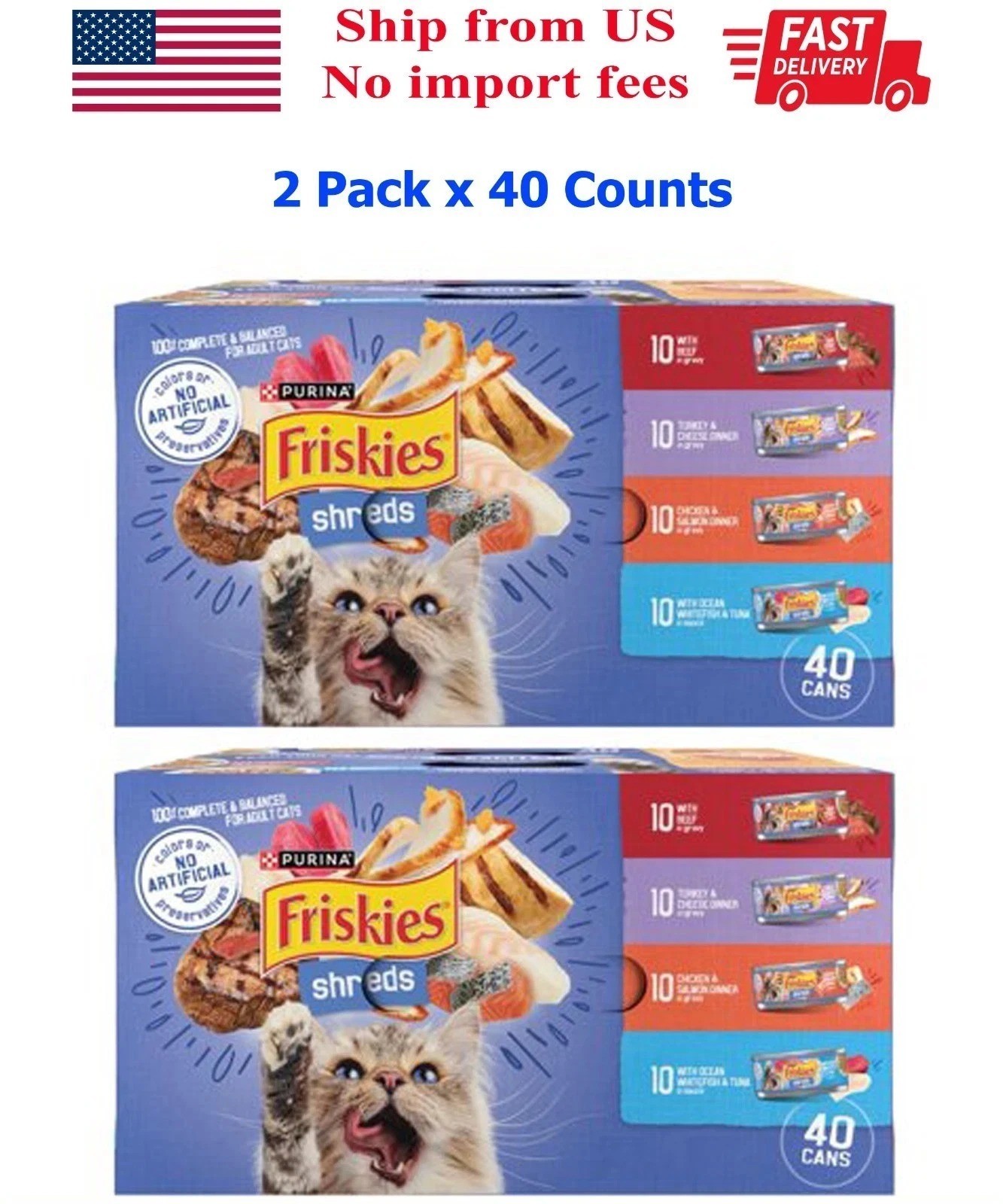 Purina Friskies Shreds Gravy Variety Pack, Wet Cat Food, 5.5 oz Cans, 80 Pack