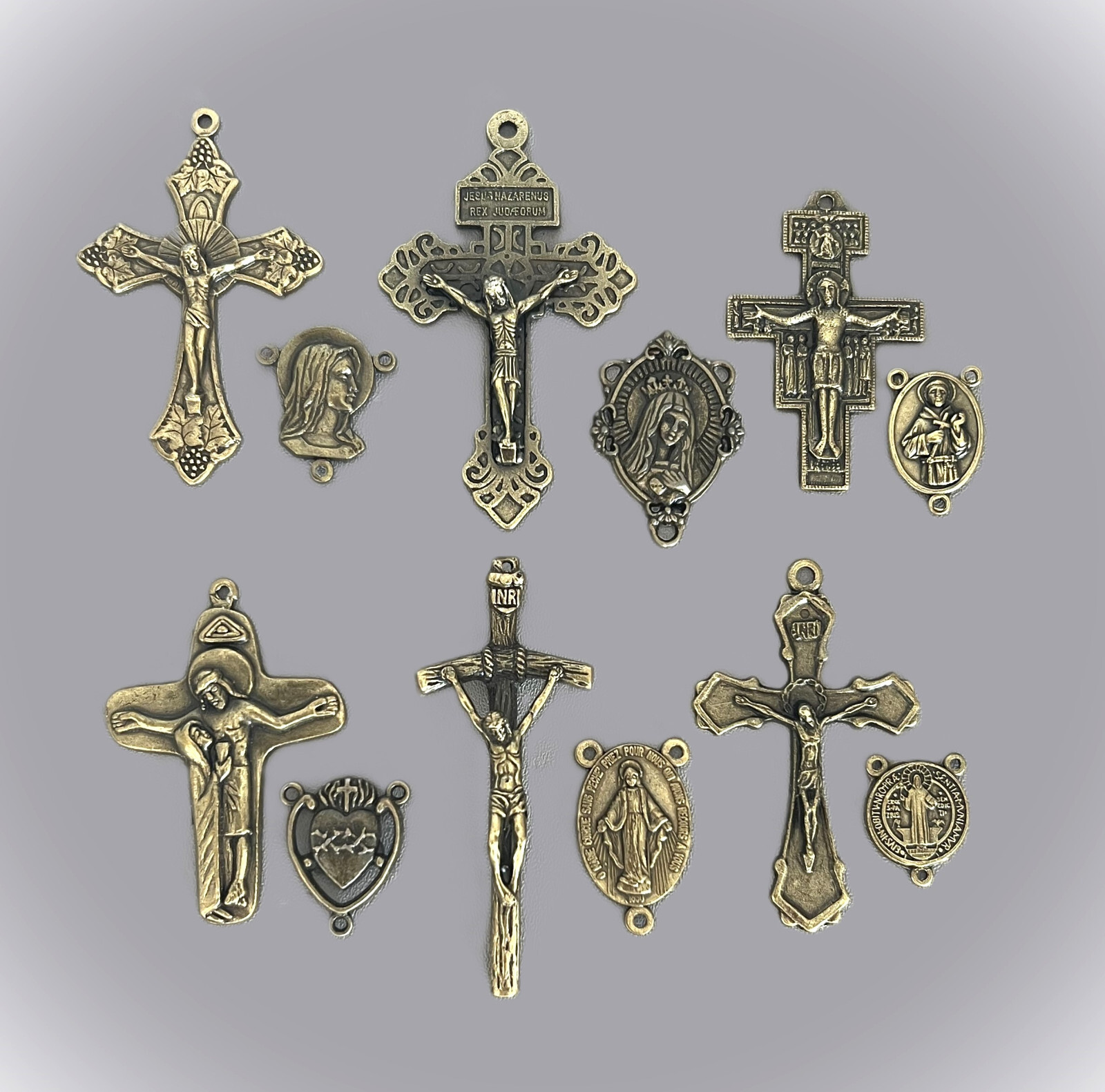 12 pc Set 6 Rosary Crucifix Cross & 6 Centerpiece ITALY parts finish BRONZE 12 pc Set 6 Rosary Crucifix Cross & 6 Centerpiece ITALY parts finish BRONZE