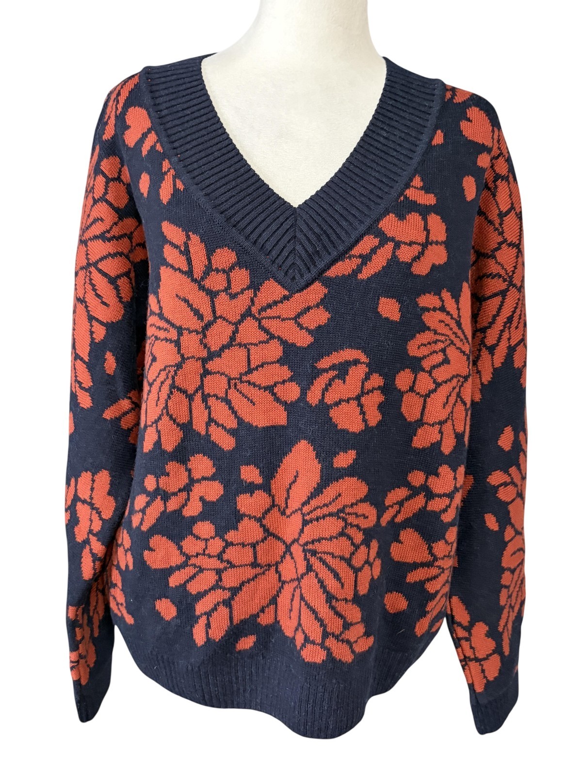 Garnet Hill Sweater Womens S Blue Floral Pima Cotton Alpaca V Neck Knit Pullover