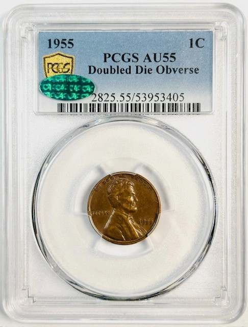 1955 P Lincoln Penny PCGS AU-55 CAC BN Doubled Die Obverse 1955 P Lincoln Penny PCGS AU-55 CAC BN Doubled Die Obverse