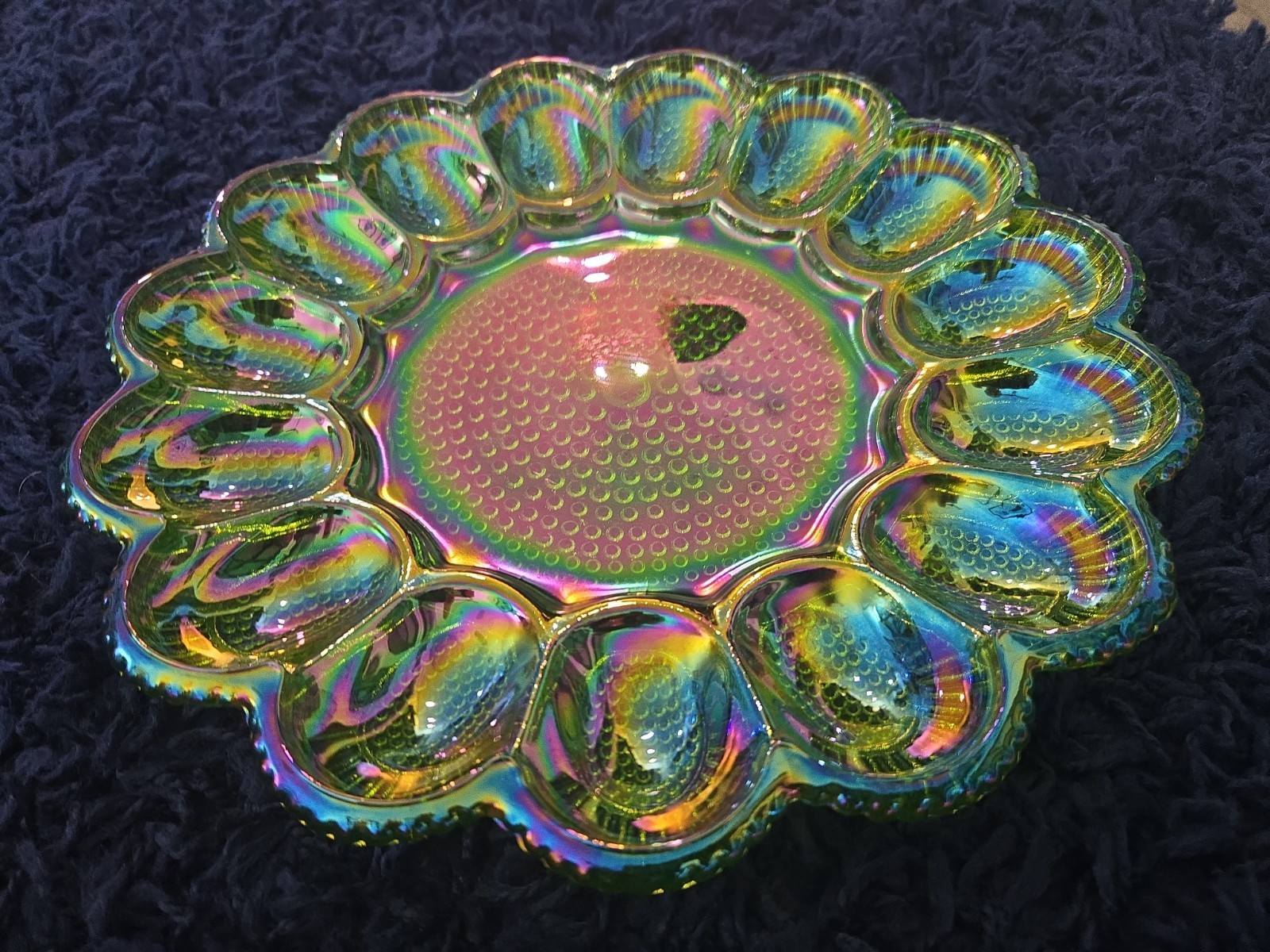 Vintage MCM Indiana Glass Lime Green Egg Party Plate Carnival Iridescent Hobnail