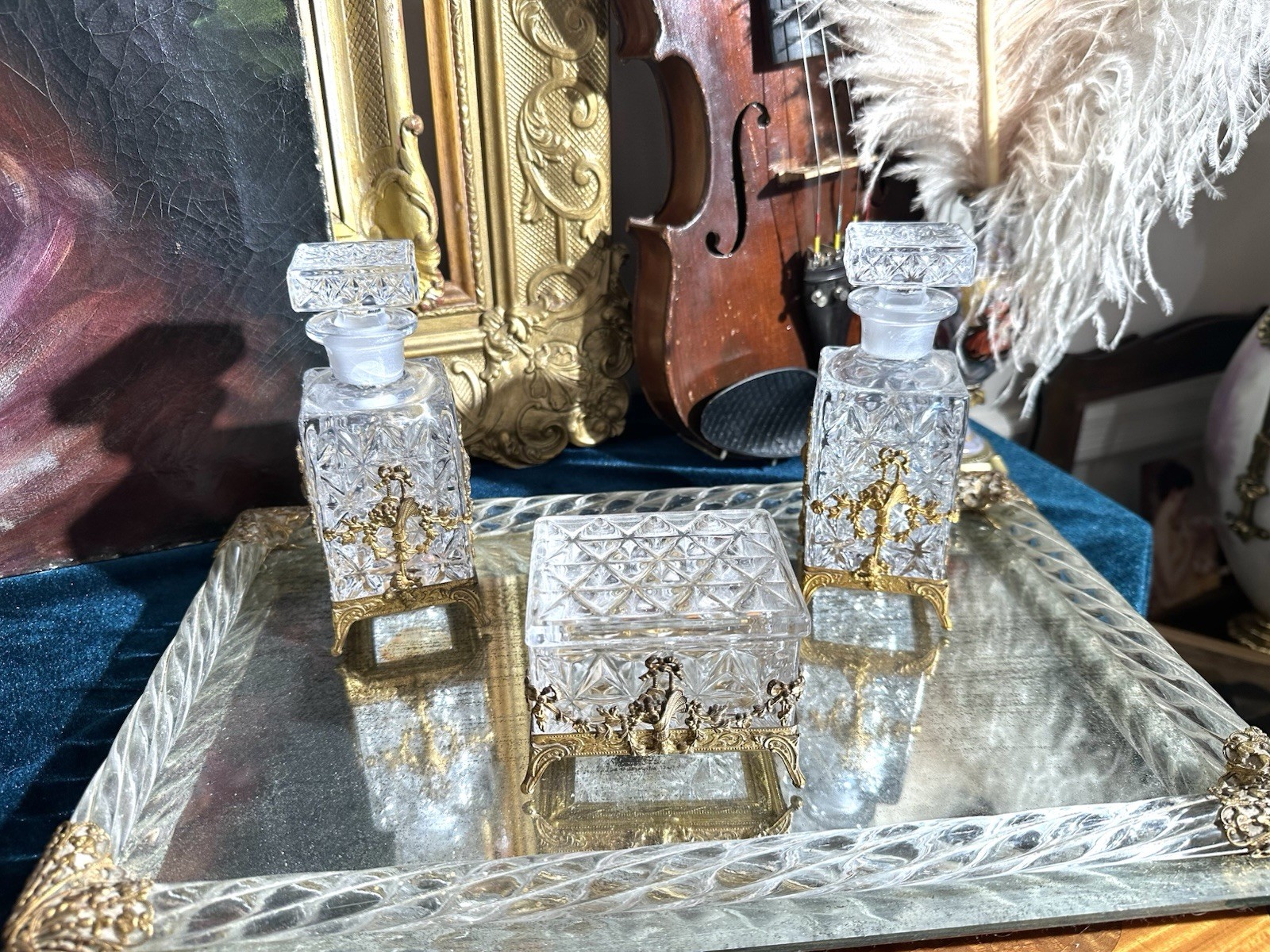 Vintage Hollywood Regency Ormolu & Cut Glass Vanity Set 