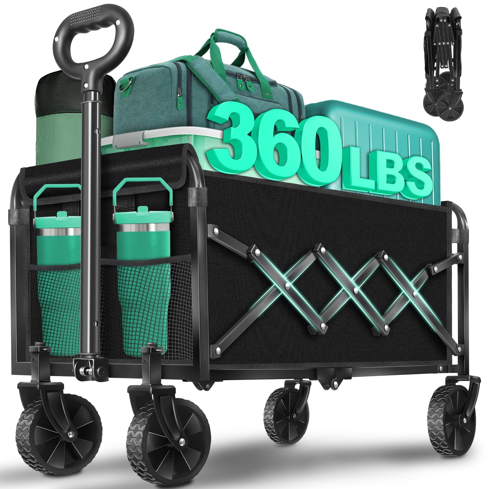 Collapsible Wagon Cart with Wheels Foldable, 360 lbs Heavy Duty Folding Wagon