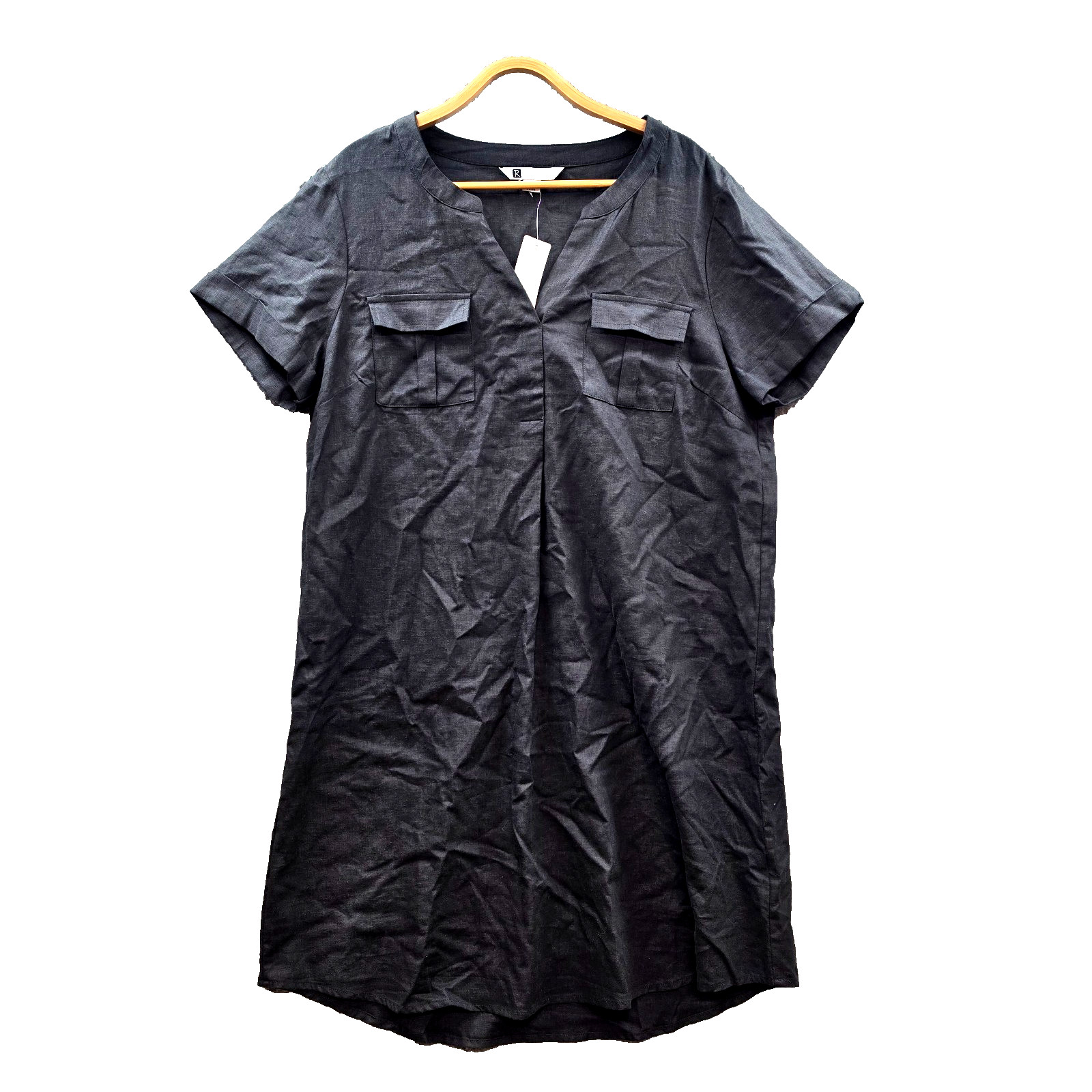 New Rockmans Dress Womens Shift Size 14 Black Linen Blend Short Sleeve V-Neck
