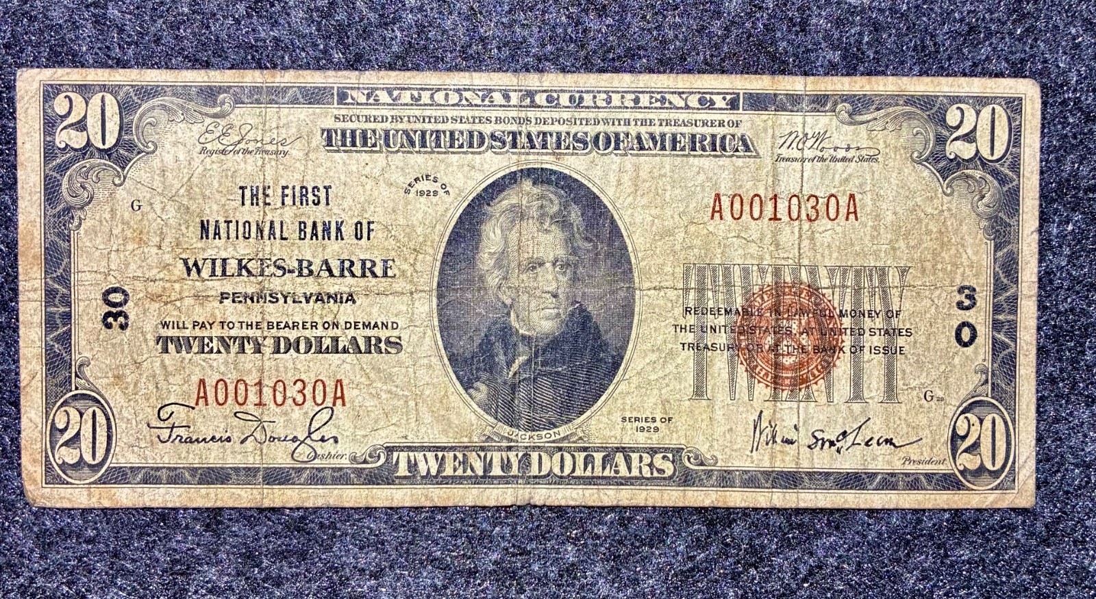 1929 - $20 NATIONAL BANK NOTE - WILKES-BARRE PA CHARTER 30 - TYPE 1 LOW SERIAL #