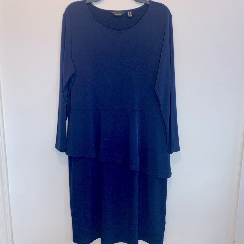 Susan Graver Liquid Knit Asymmetrical Peplum Blue Sheath Dress Large Susan Graver Liquid Knit Asymmetrical Peplum Blue Sheath Dress Large