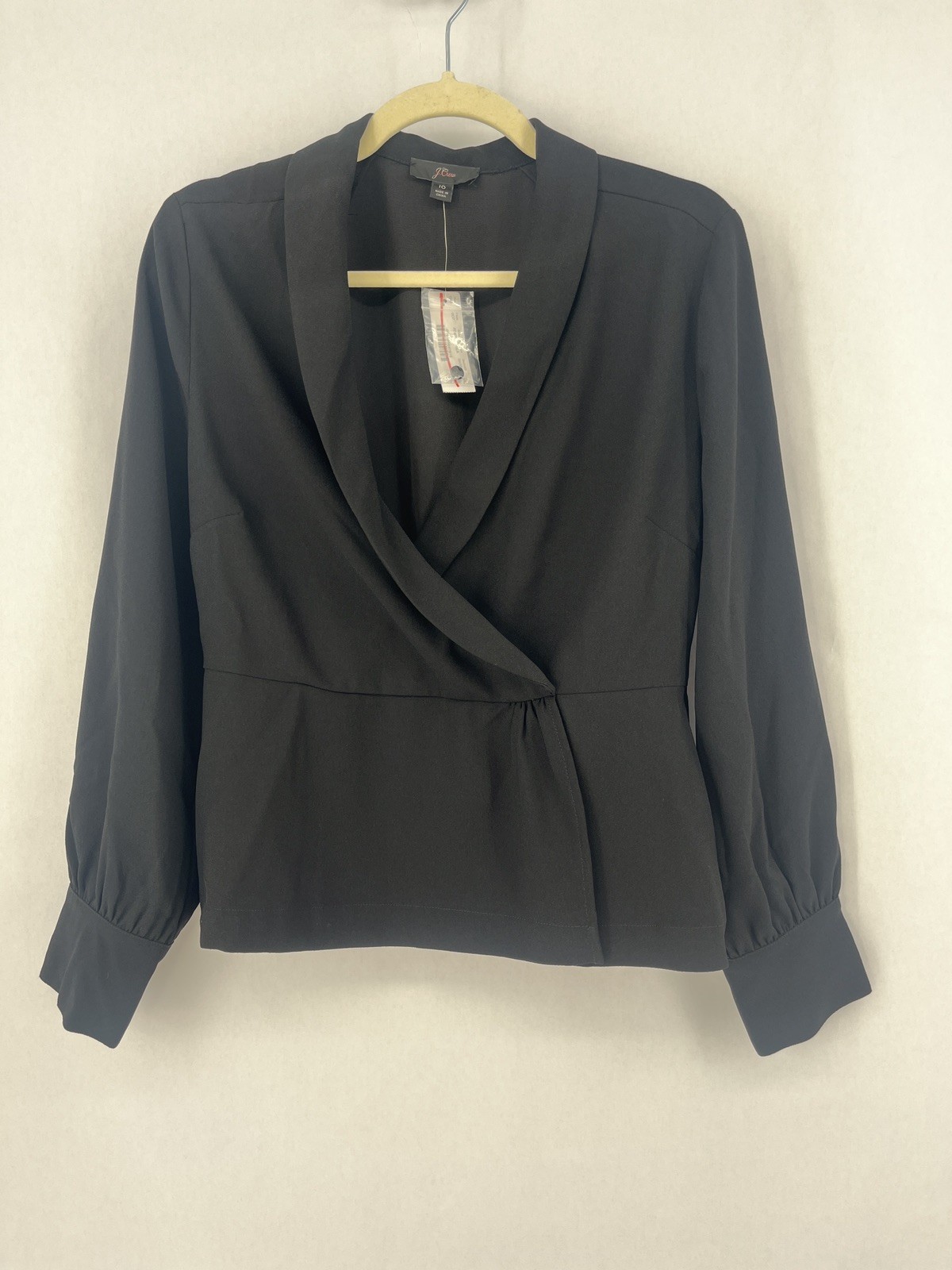 NWT J.Crew Black Solid Crepe V-Neck Wrap Long Sleeve Blouse Women\'s 10