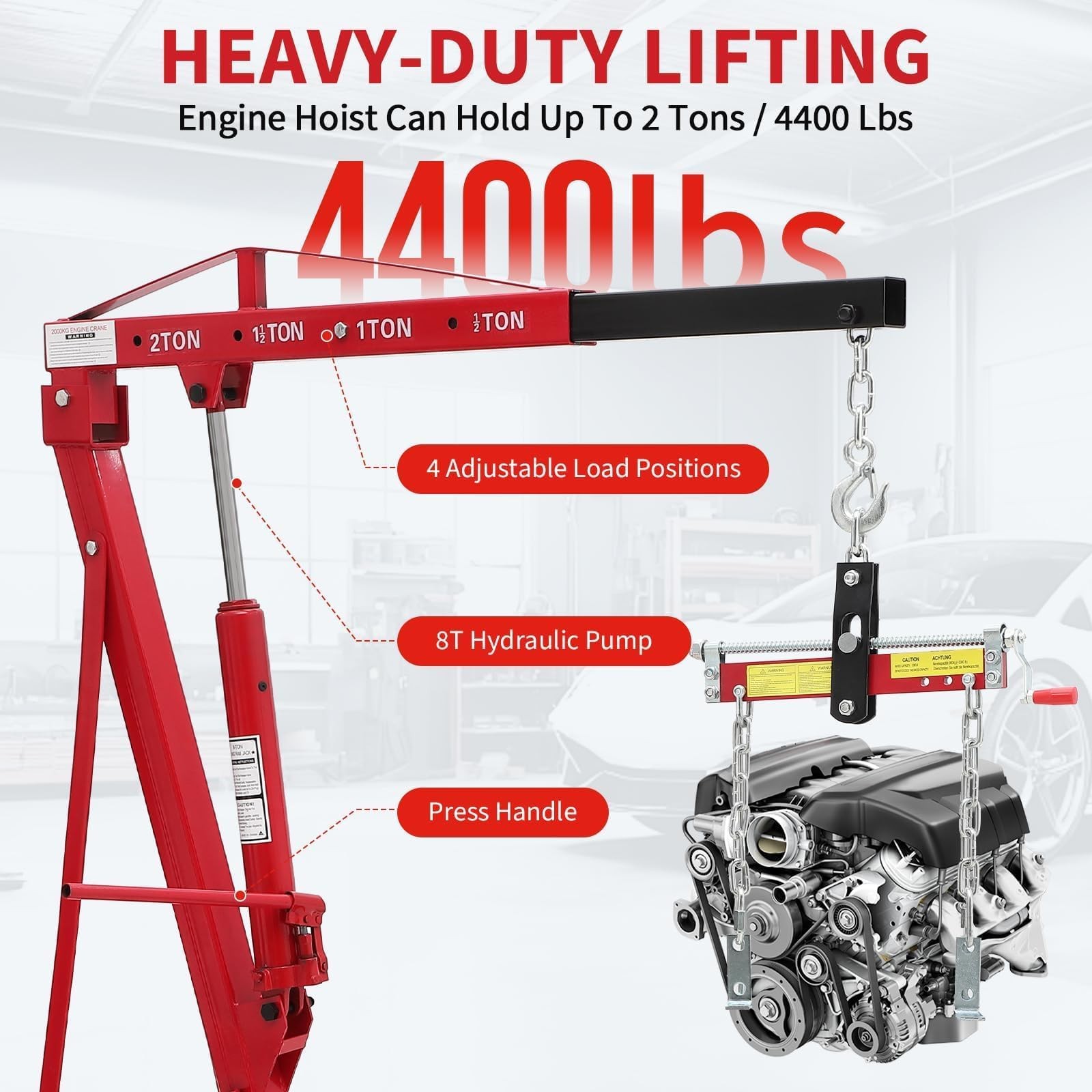 2 Ton 4400lbs Folding Engine Hoist Hydraulic Cherry Picker Shop Crane Hoist Lift
