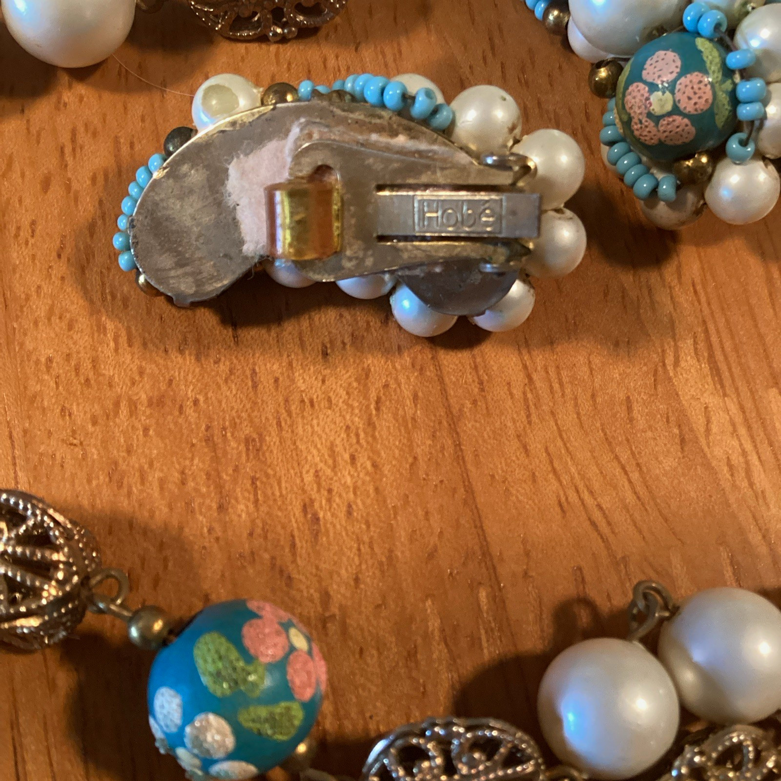 Vintage Hobe Demi Parure Blue Floral Hand Painted necklace and earrings