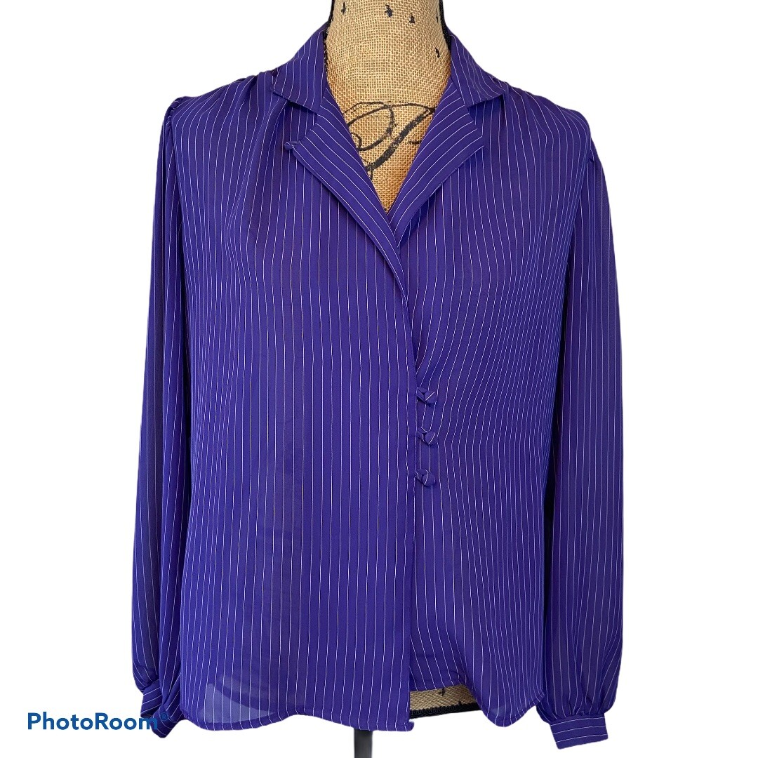 Vintage Notations Blouse M Purple White Sheer Pinstripe Camp Collar Draped Top