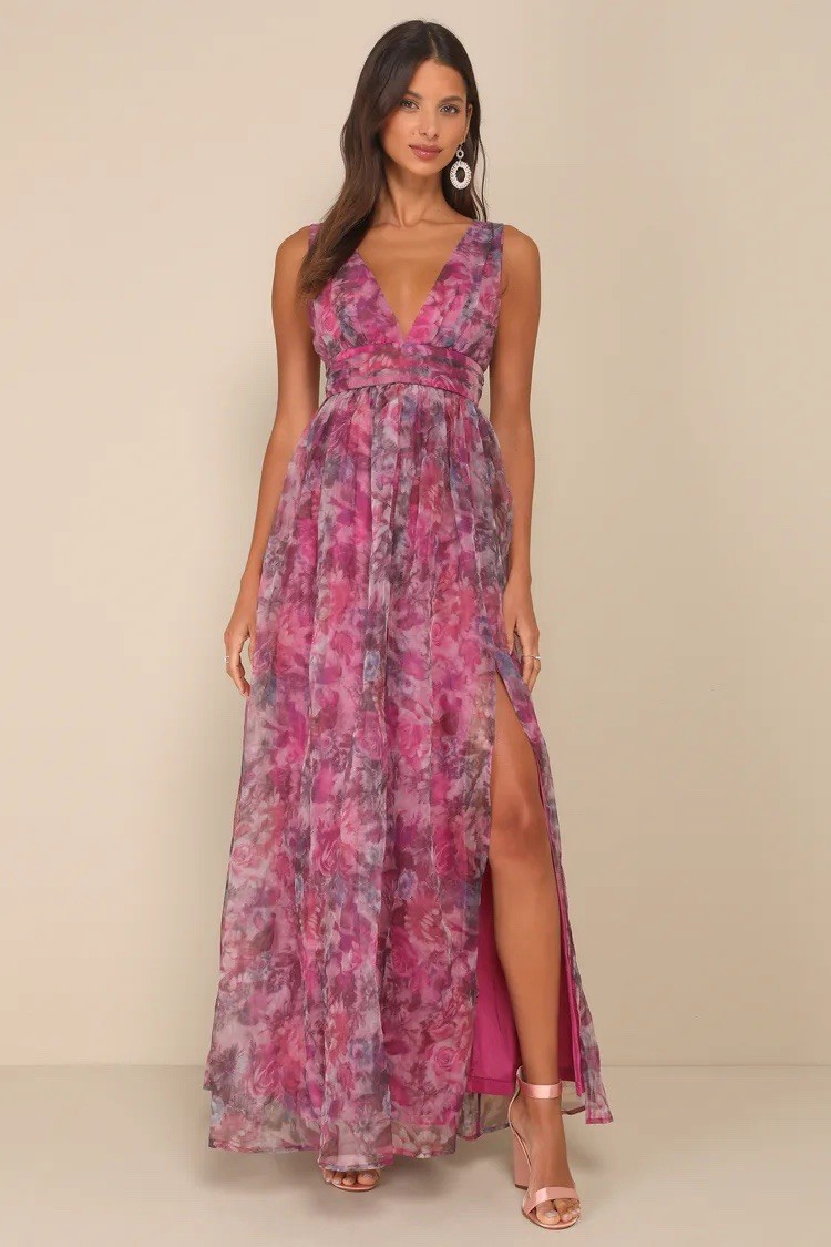 NWT Lulu’s Garden Romance Magenta Floral Organza Maxi Dress size XS wedding