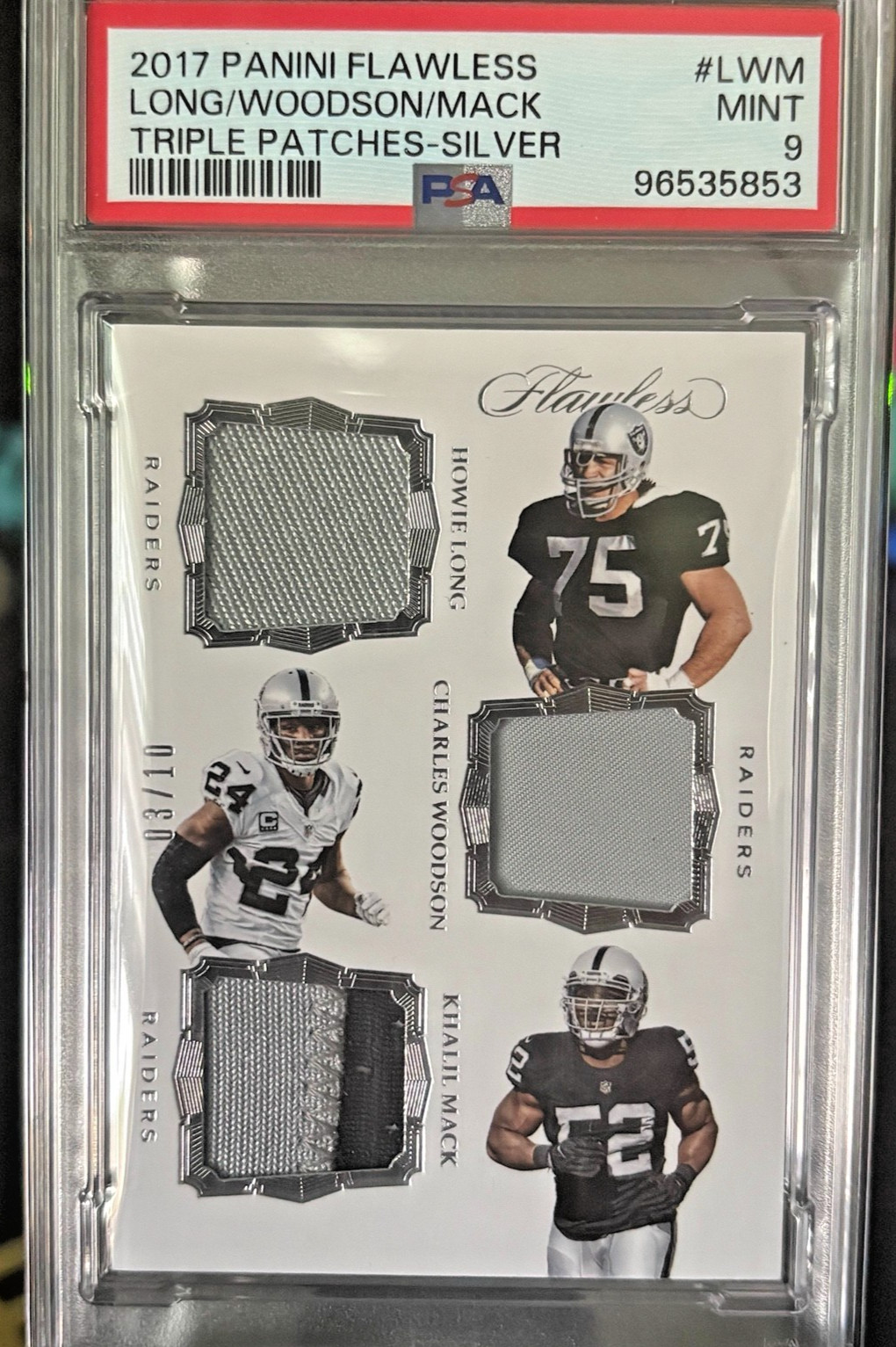 2017 Flawless Triple Patches LONG/WOODSON/MACK Silver /10 PSA 9 Player worn 2017 Flawless Triple Patches LONG/WOODSON/MACK Silver /10 PSA 9 Player worn