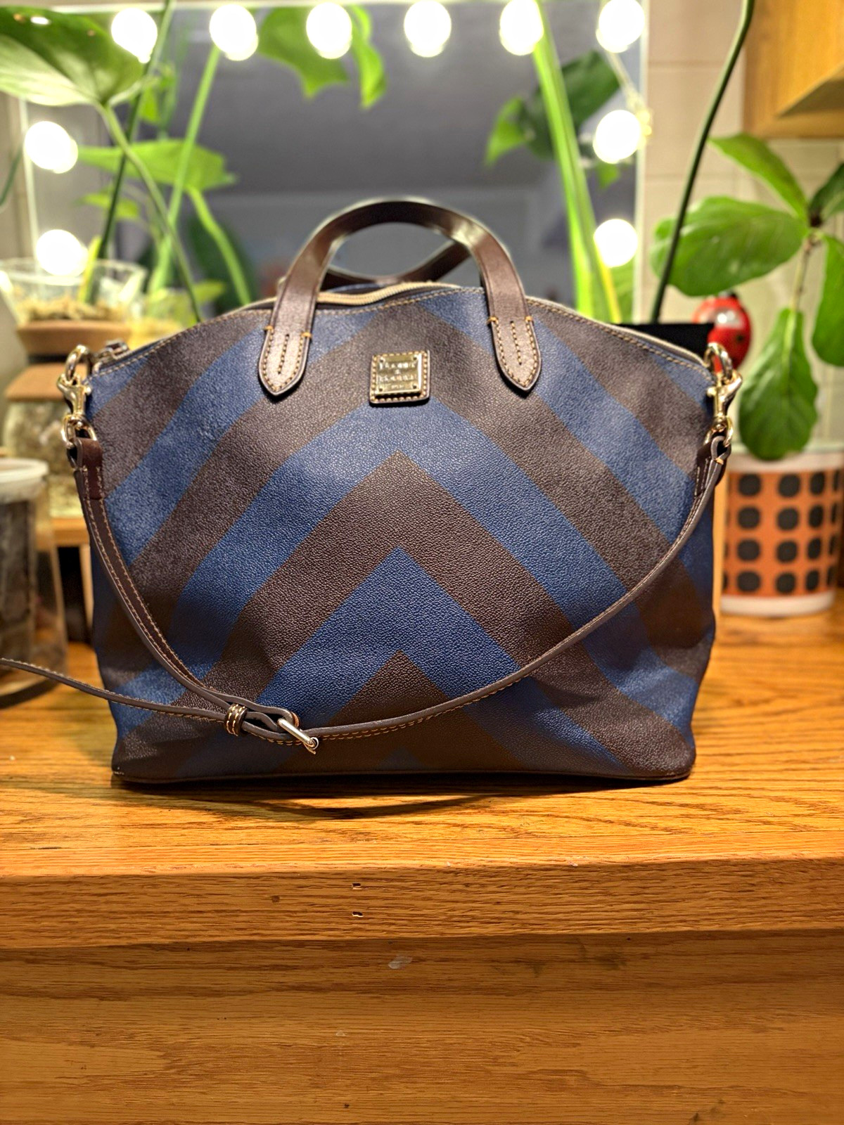 Dooney & Bourke Chevron Satchel Blue Brown Coated Cotton Leather Trim Bag
