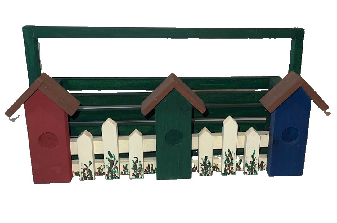 Vintage rare cute Garden Caddy Wood Bird Houses & Fence 15” Long