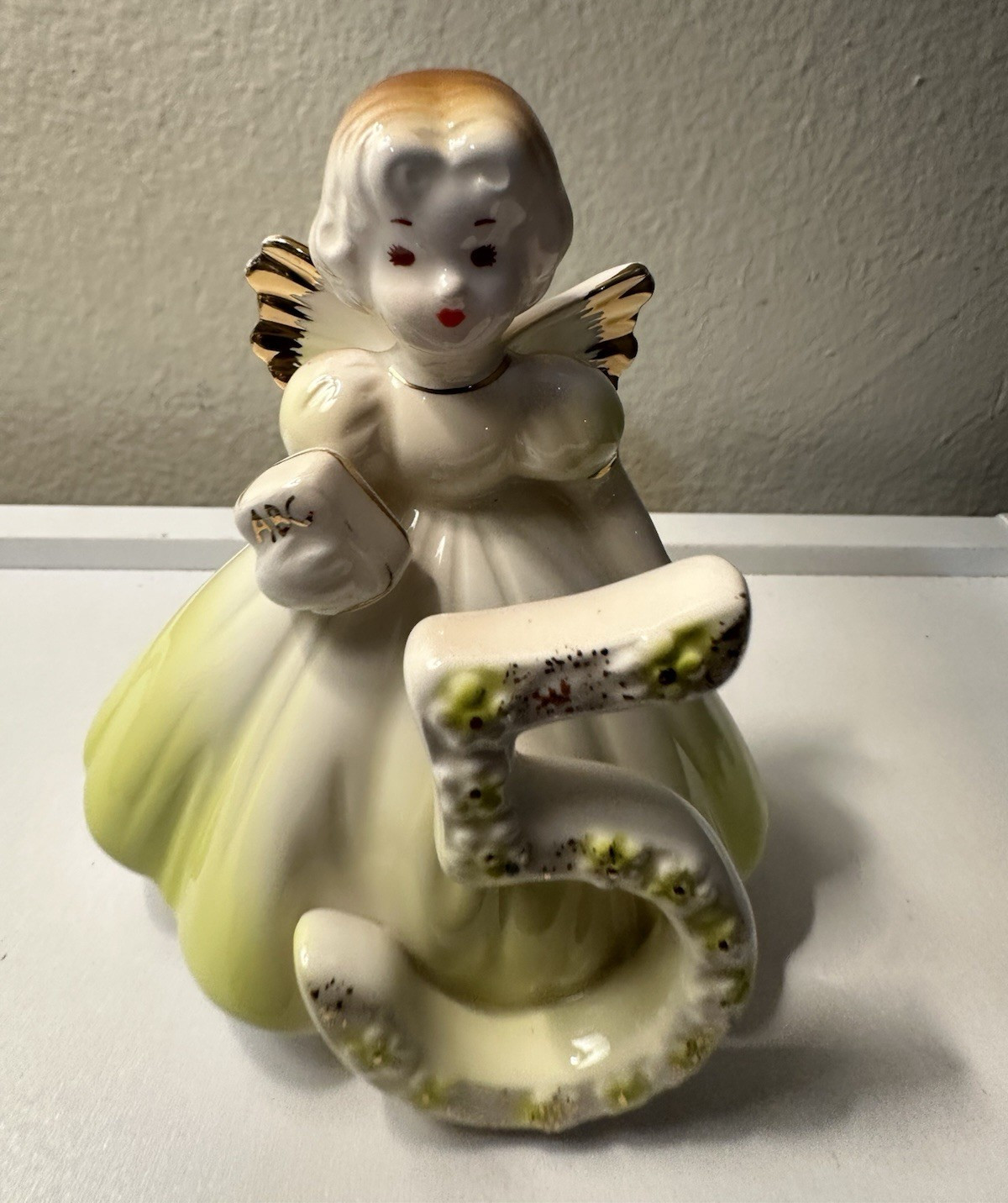 Vintage Josef’s Birthday Ceramic Angel Holding Number 5, Glossy White Green Vintage Josef’s Birthday Ceramic Angel Holding Number 5, Glossy White Green