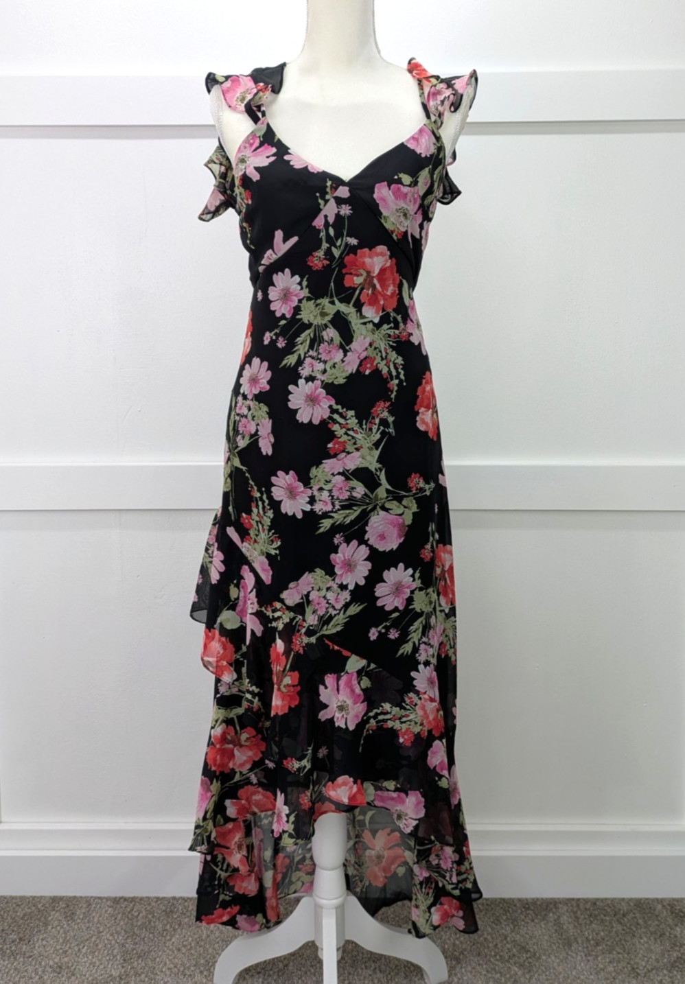 Speechless Black Pink Floral Ruffled Hem High Low Maxi Cold Shoulder Dress Sz M