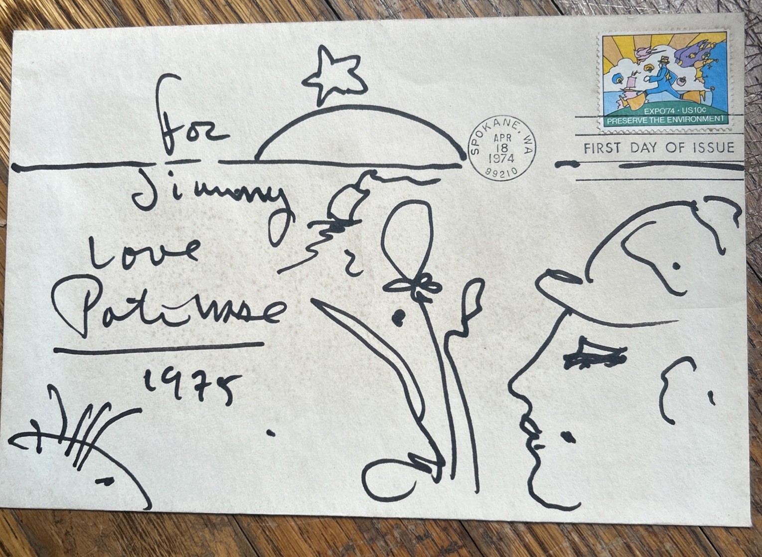 PETER MAX FDC W/ORIGINAL DRAWING HAND SIGNED  1975 W/OG STAMP ON LARGE ENVELOPE