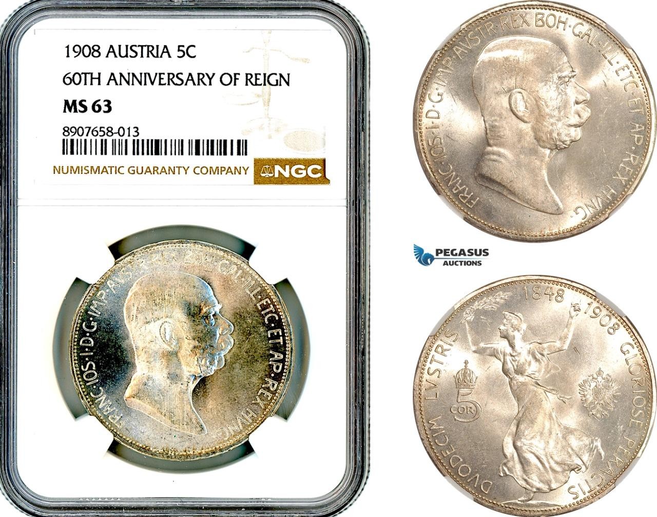 AM559, Austria, Franz Joseph, 5 Corona 1908, Vienna Mint, Silver, NGC MS63