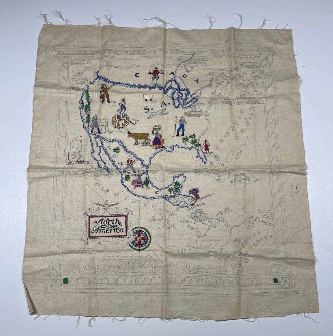 RARE LARGE ANTIQUE 1940'S PICTORIAL EMBROIDERY NORTH AMERICA MAP CROSS STITCH RARE LARGE ANTIQUE 1940'S PICTORIAL EMBROIDERY NORTH AMERICA MAP CROSS STITCH