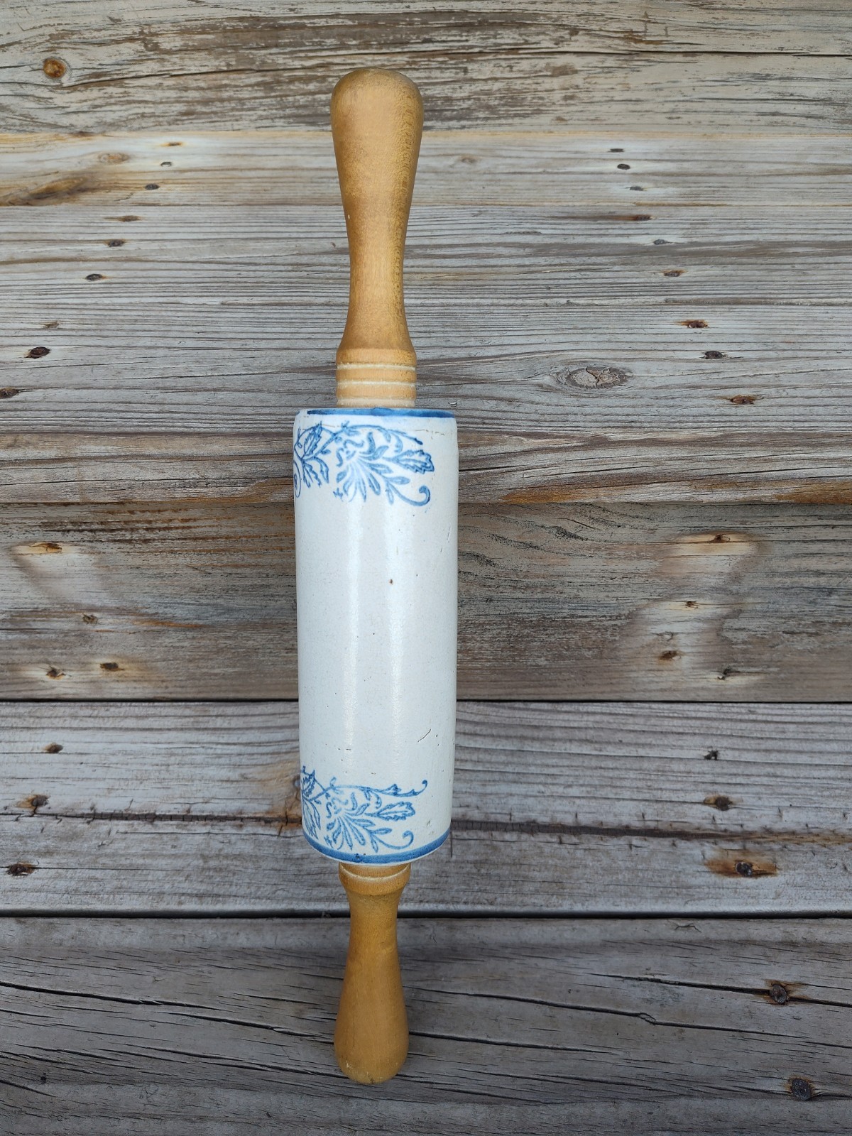Antique Blue & White Stoneware Rolling Pin Hand Carved Wood Handles 15” Antique Blue & White Stoneware Rolling Pin Hand Carved Wood Handles 15”