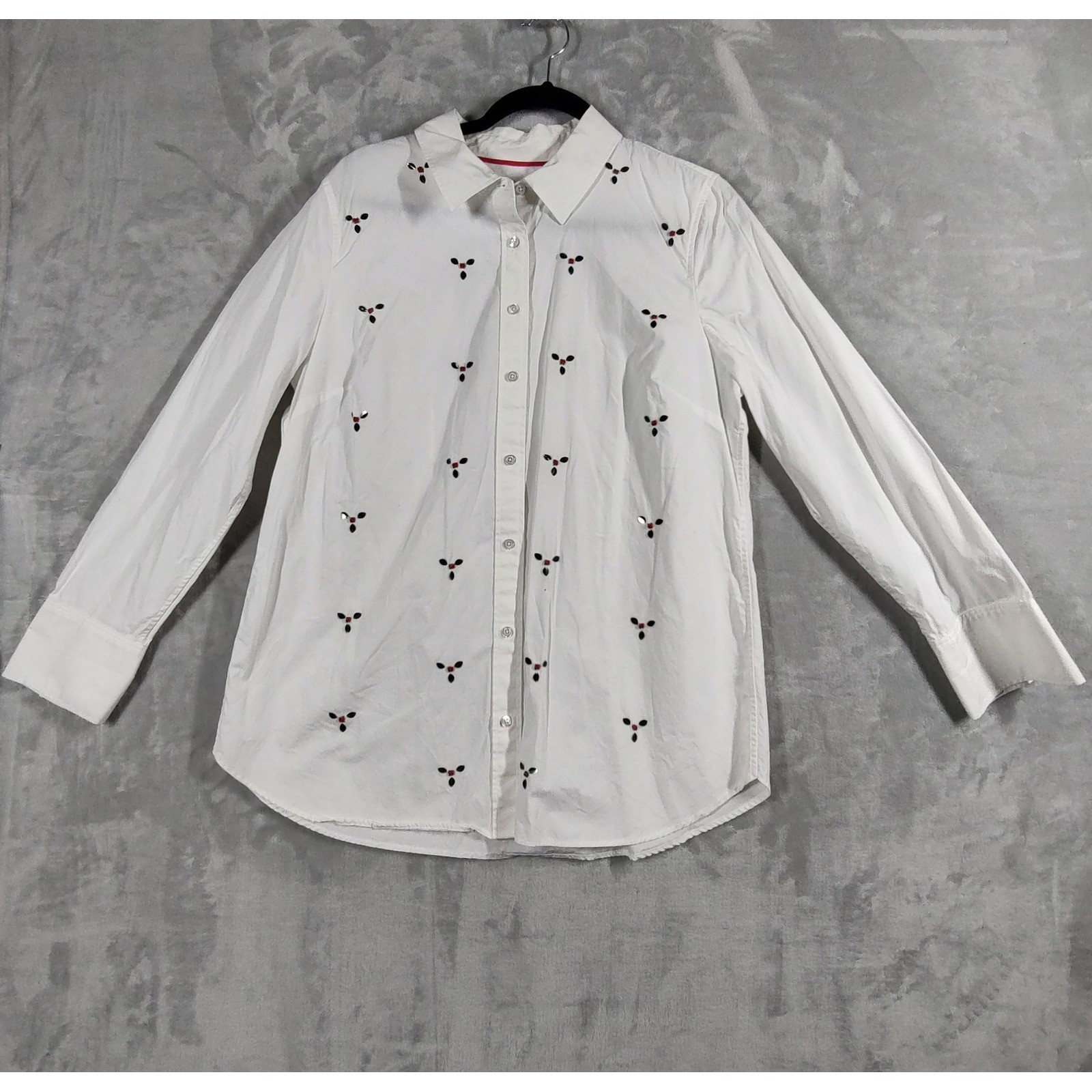 Talbots Womens White Embroidered Floral Cotton Button Down Shirt Large L 07/20