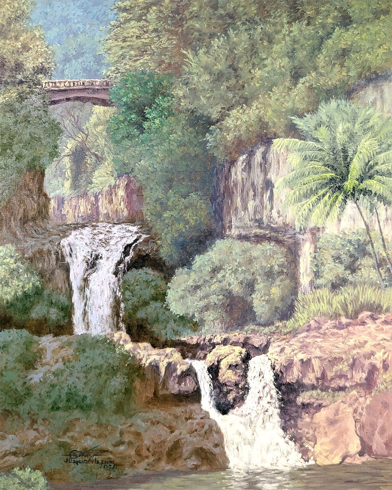 Original Oil -Haleakalā Falls- Landscape 16x20 Framed - JBaguioArts