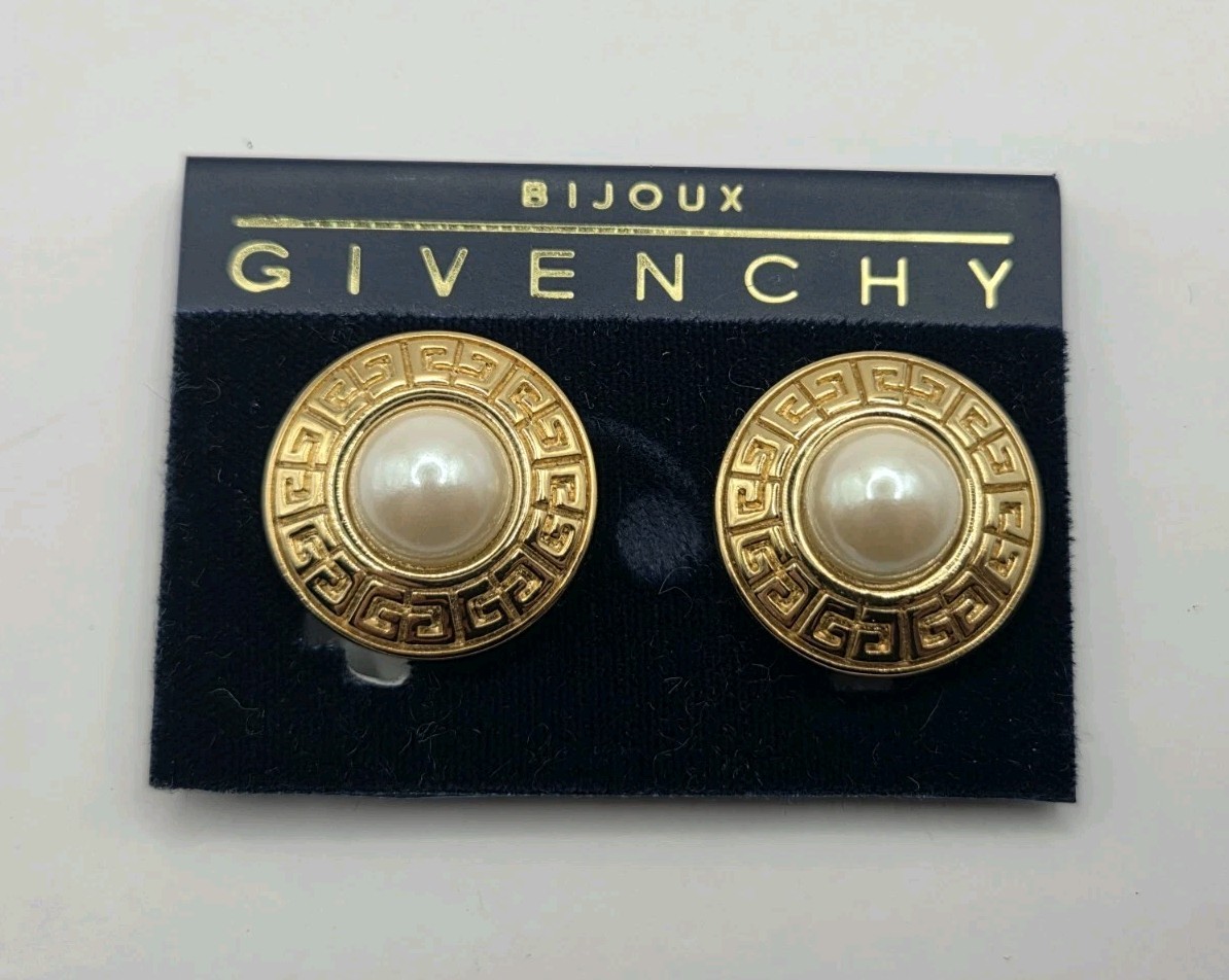 Large GIVENCHY marked Faux Pearl Gold Tone Clip-on Earrings Vintage Jewelry New