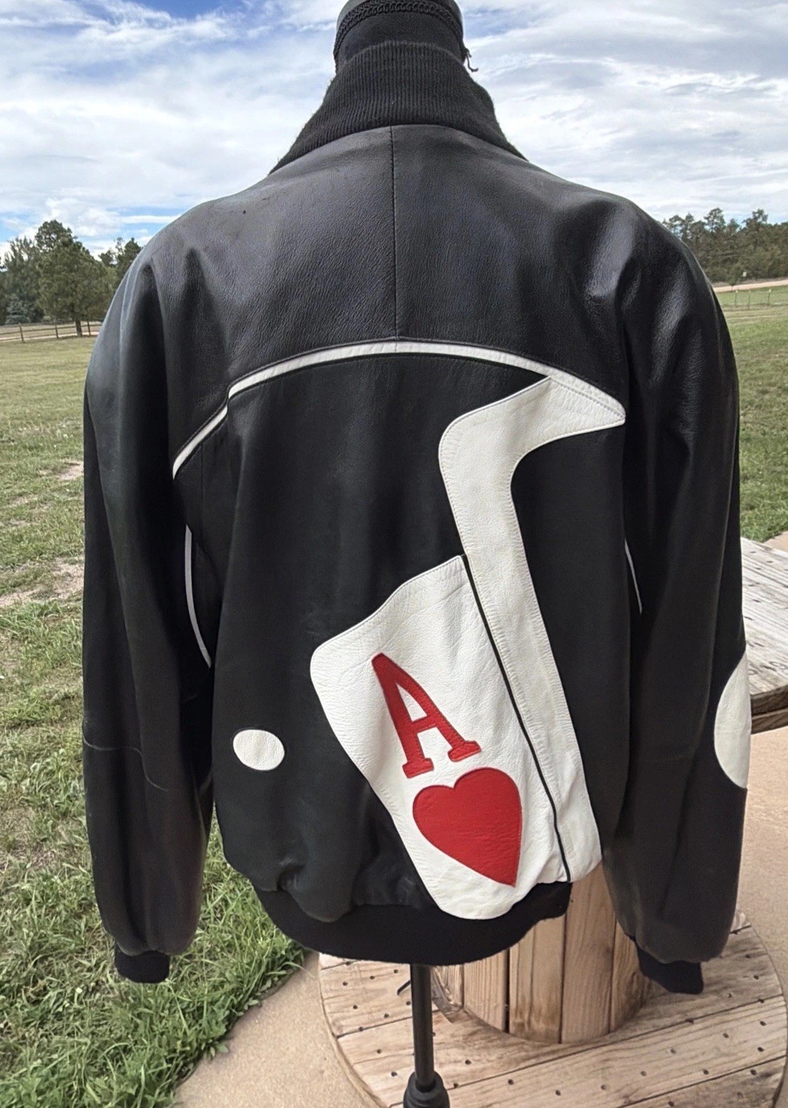 Vintage Tonio 1980s  Ace of Hearts Leather Bomber Jacket Mens Large Poker Cards