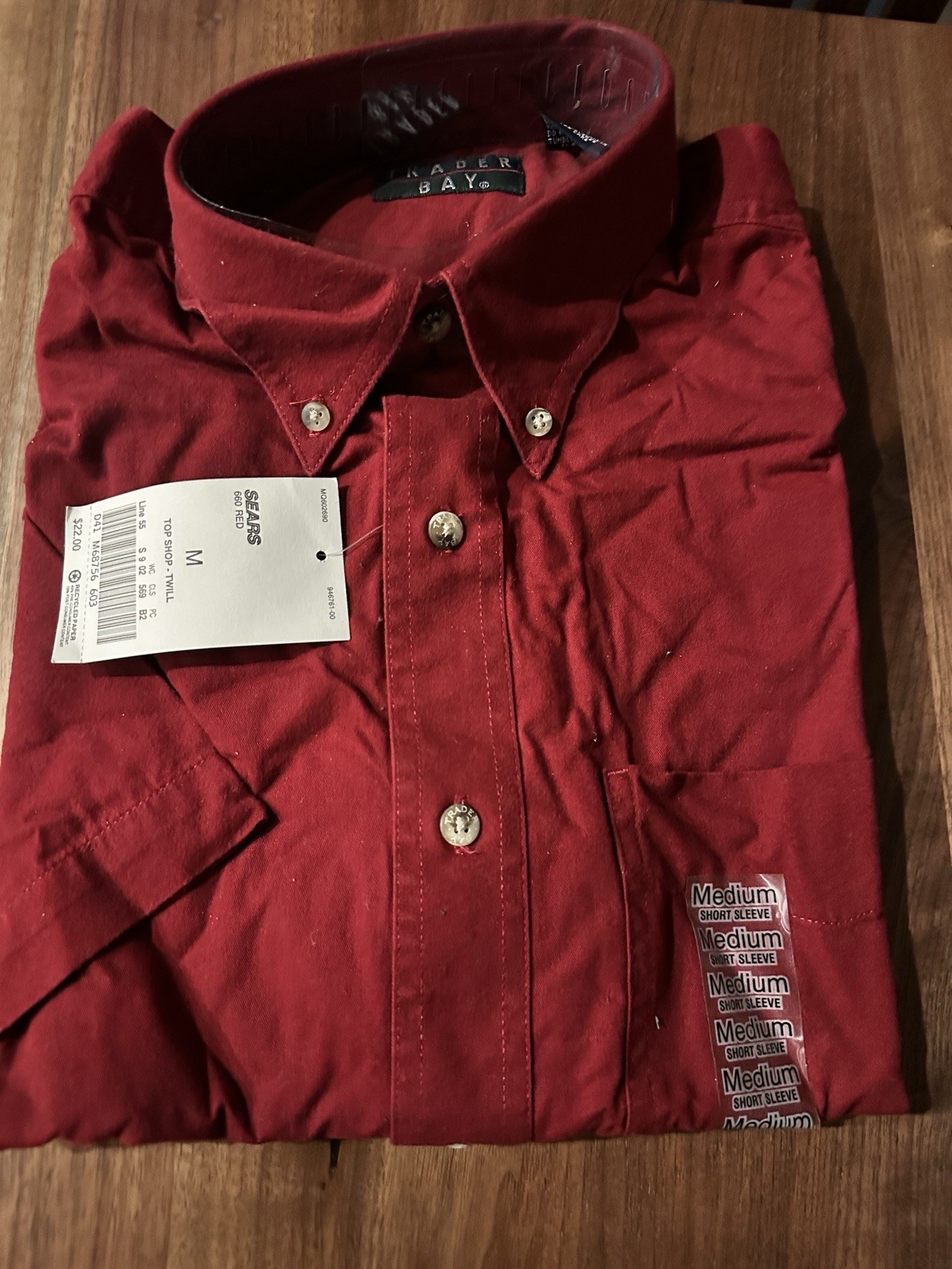 Vintage NWT Sears Trader Bay Men’s Med Button Up Shirt Red Dead Stock