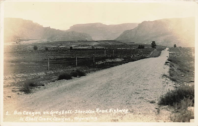 Postcard WY: RPPC Box Canyon, Greybull-Sheridan Road Hwy, Wyoming